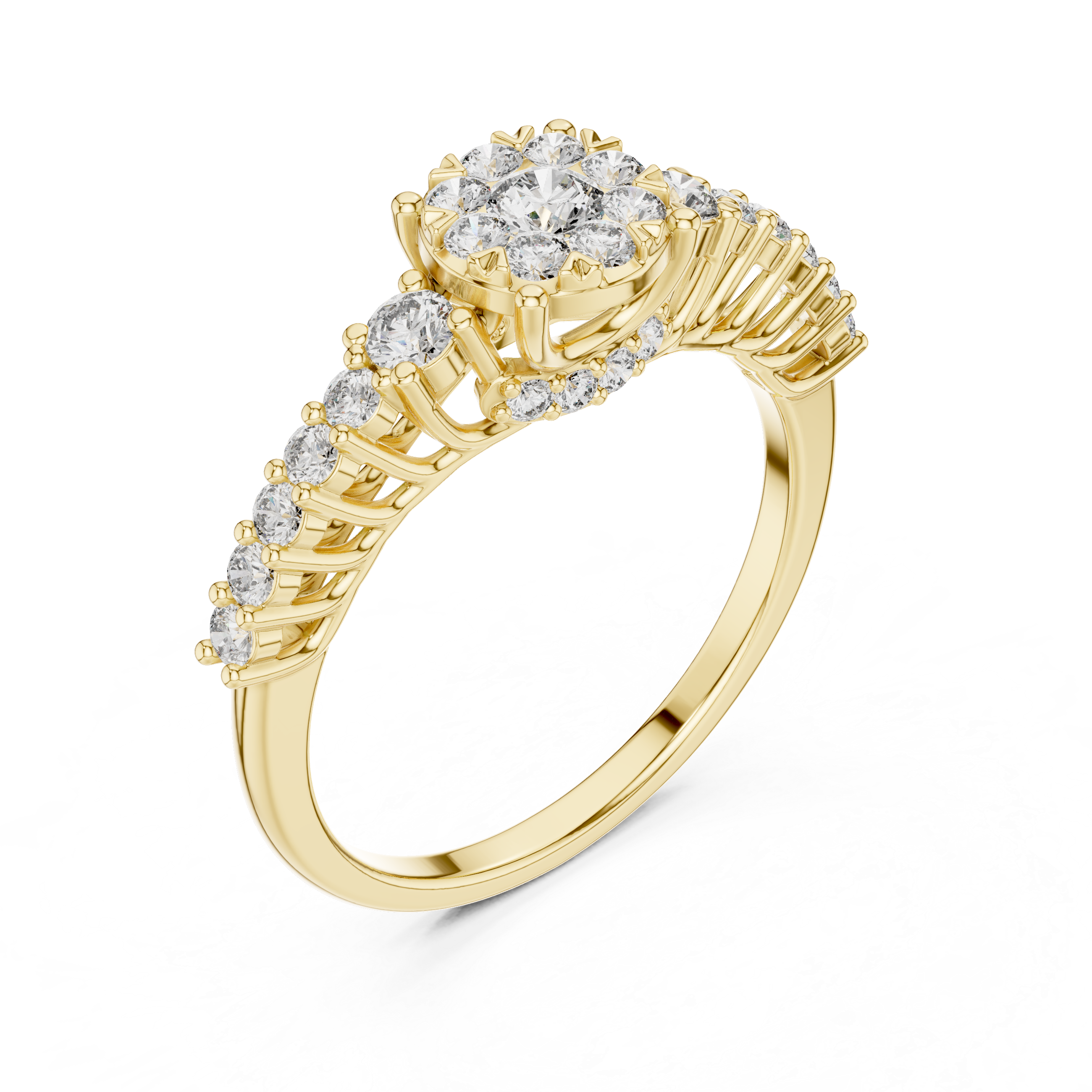 Cluster center diamond and unique split-shank diamond-accented band.