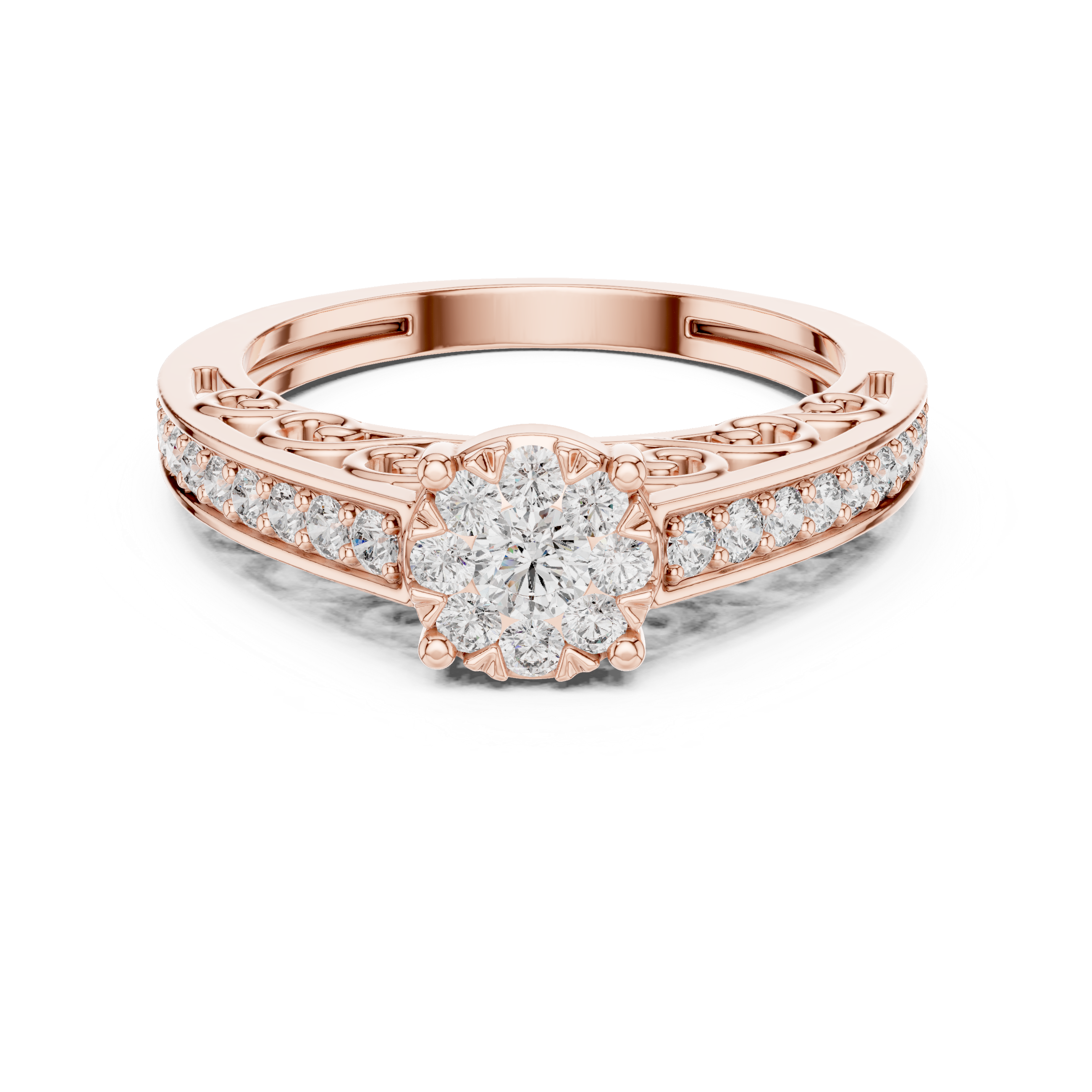 Cluster diamond and intricate filigree detailing on the band.