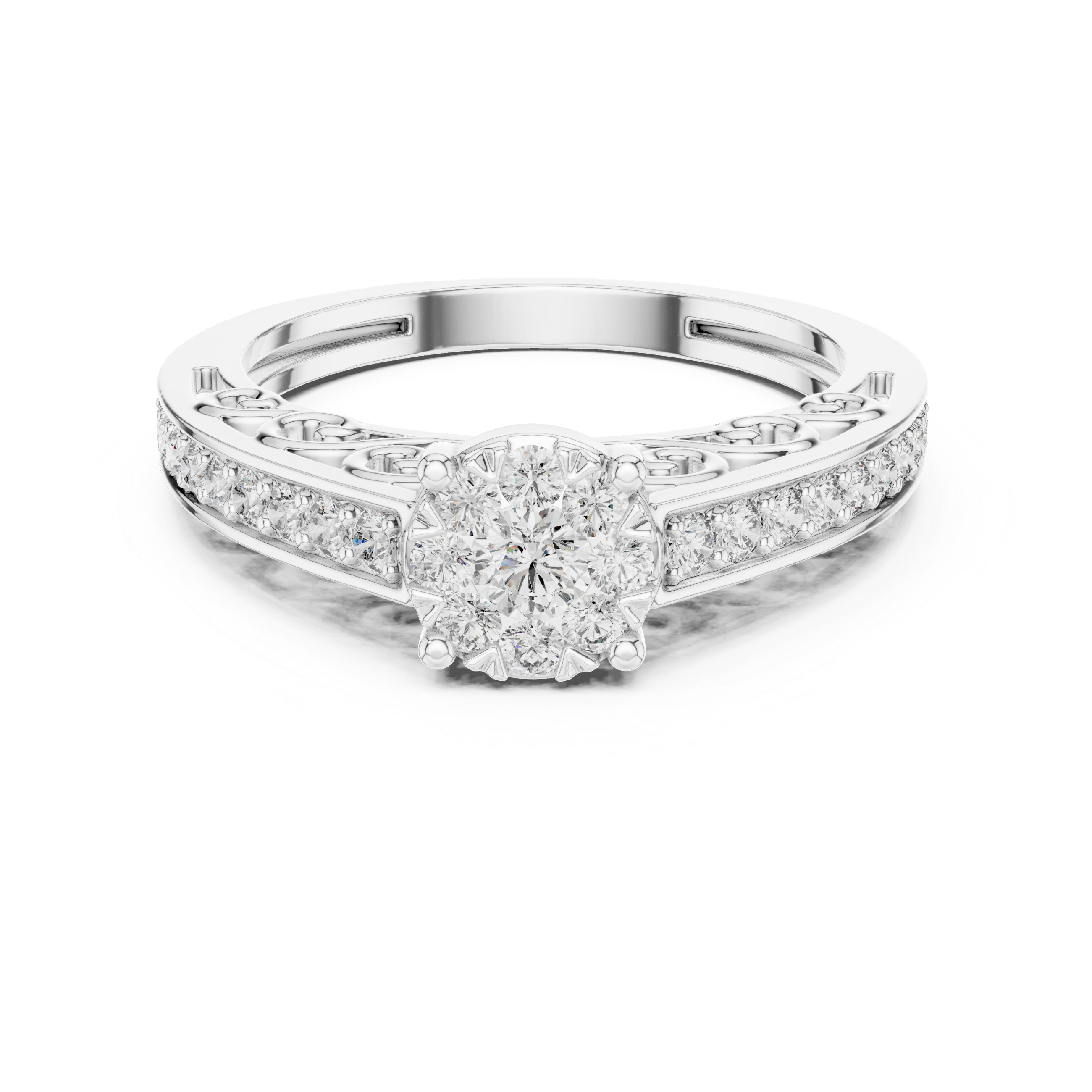Cluster diamond and intricate filigree detailing on the band.