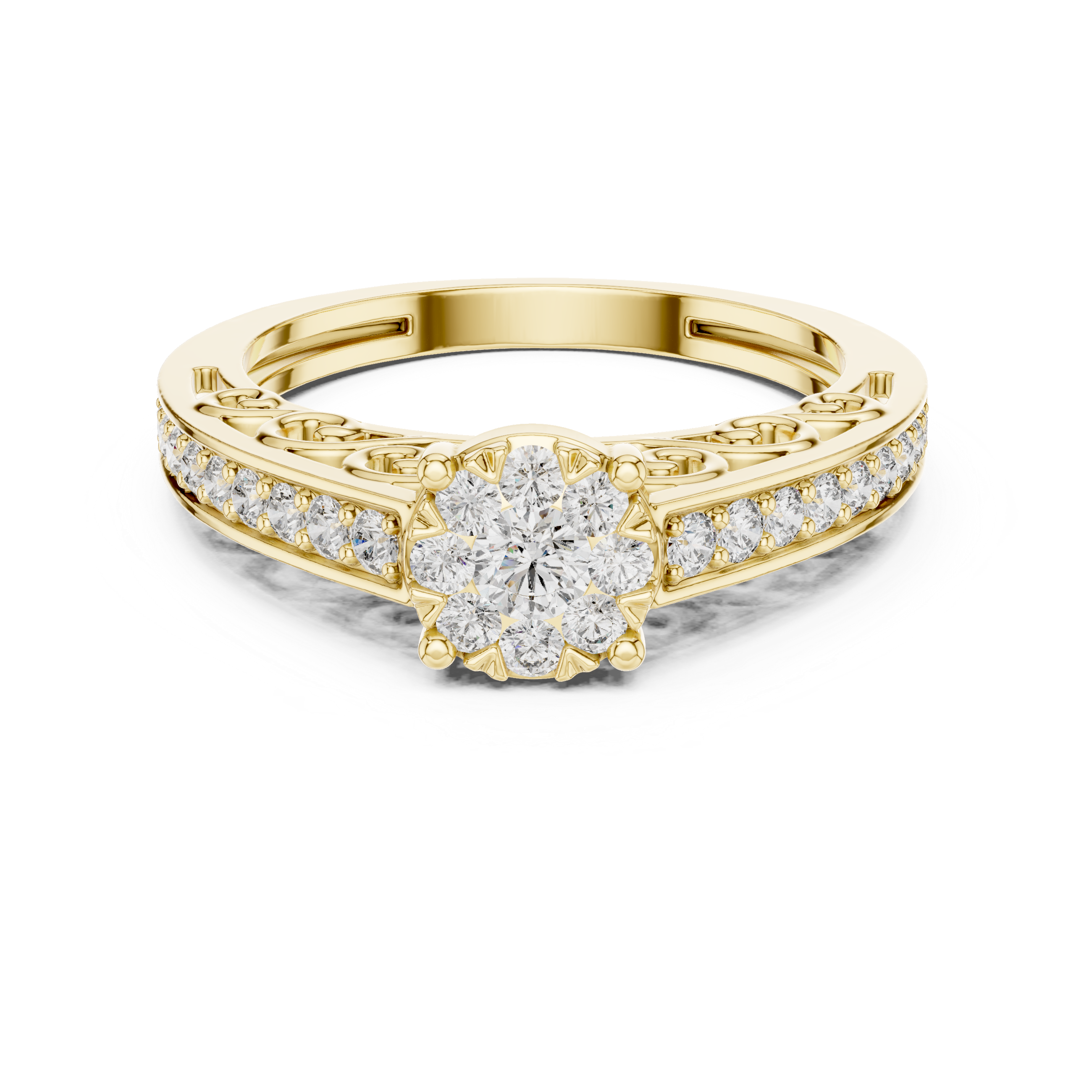 Cluster diamond and intricate filigree detailing on the band.