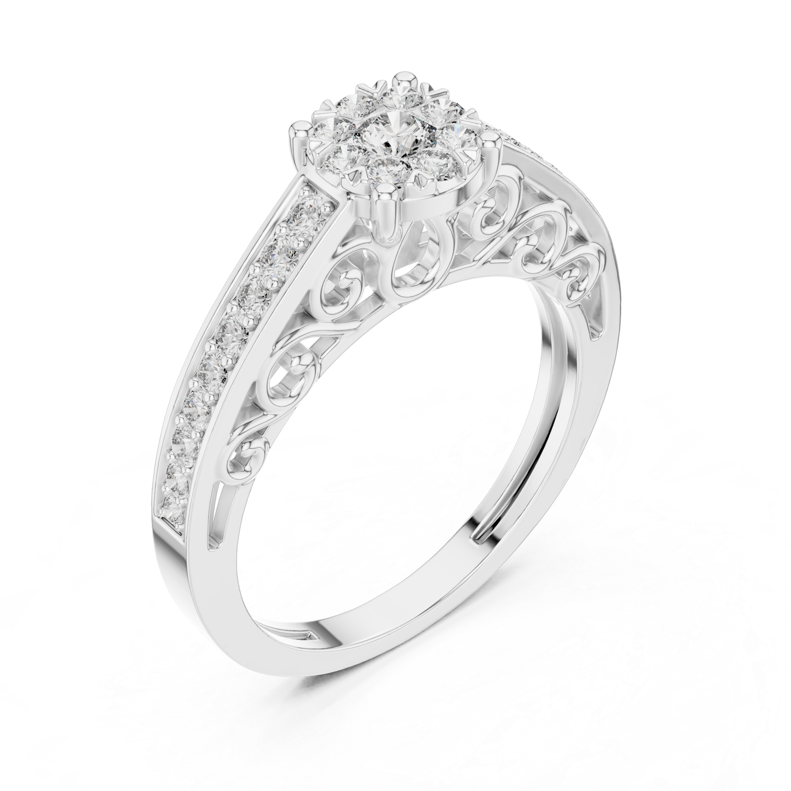 Cluster diamond and intricate filigree detailing on the band.
