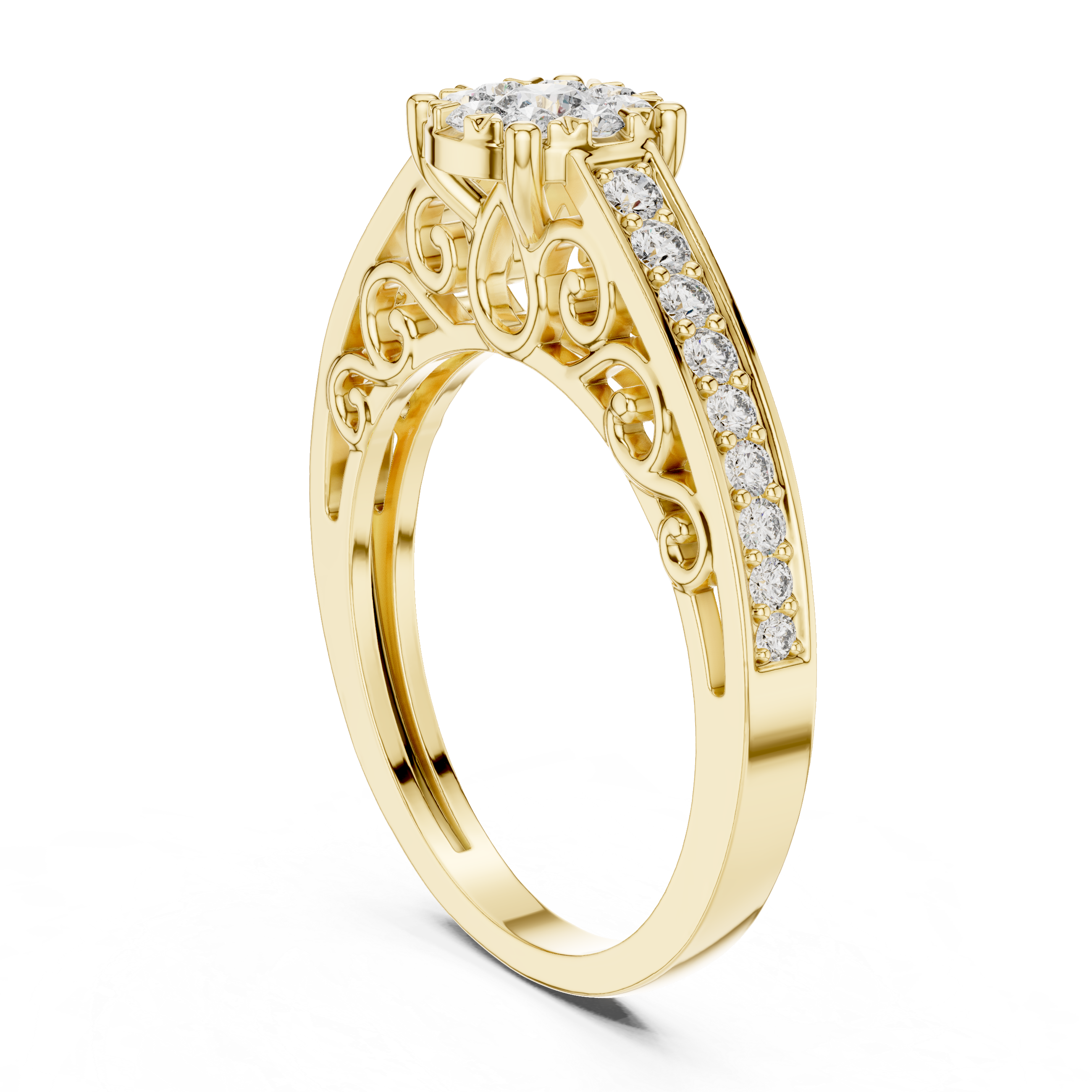 Cluster diamond and intricate filigree detailing on the band.