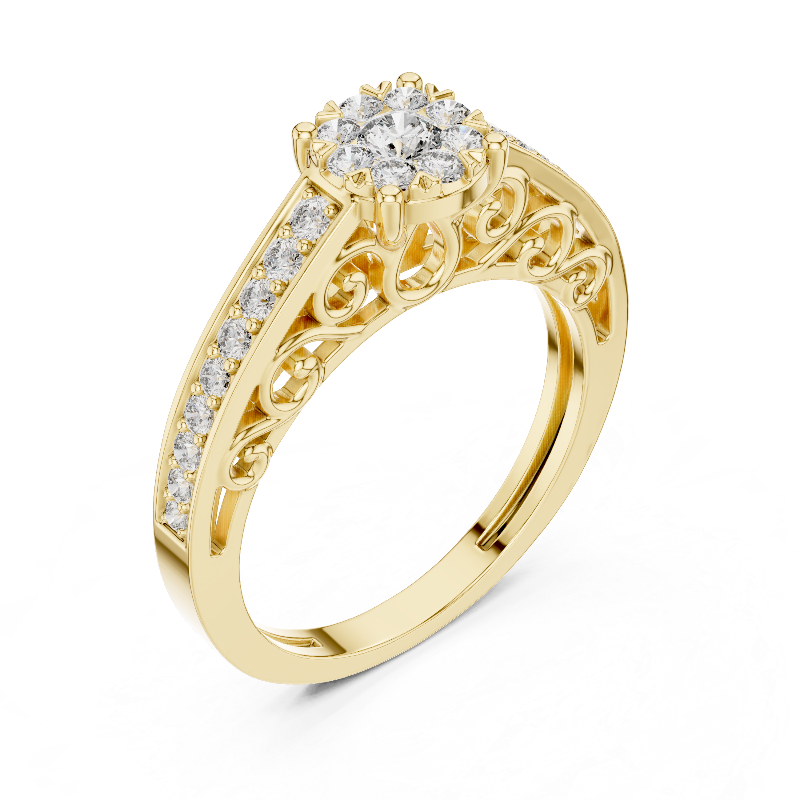 Cluster diamond and intricate filigree detailing on the band.