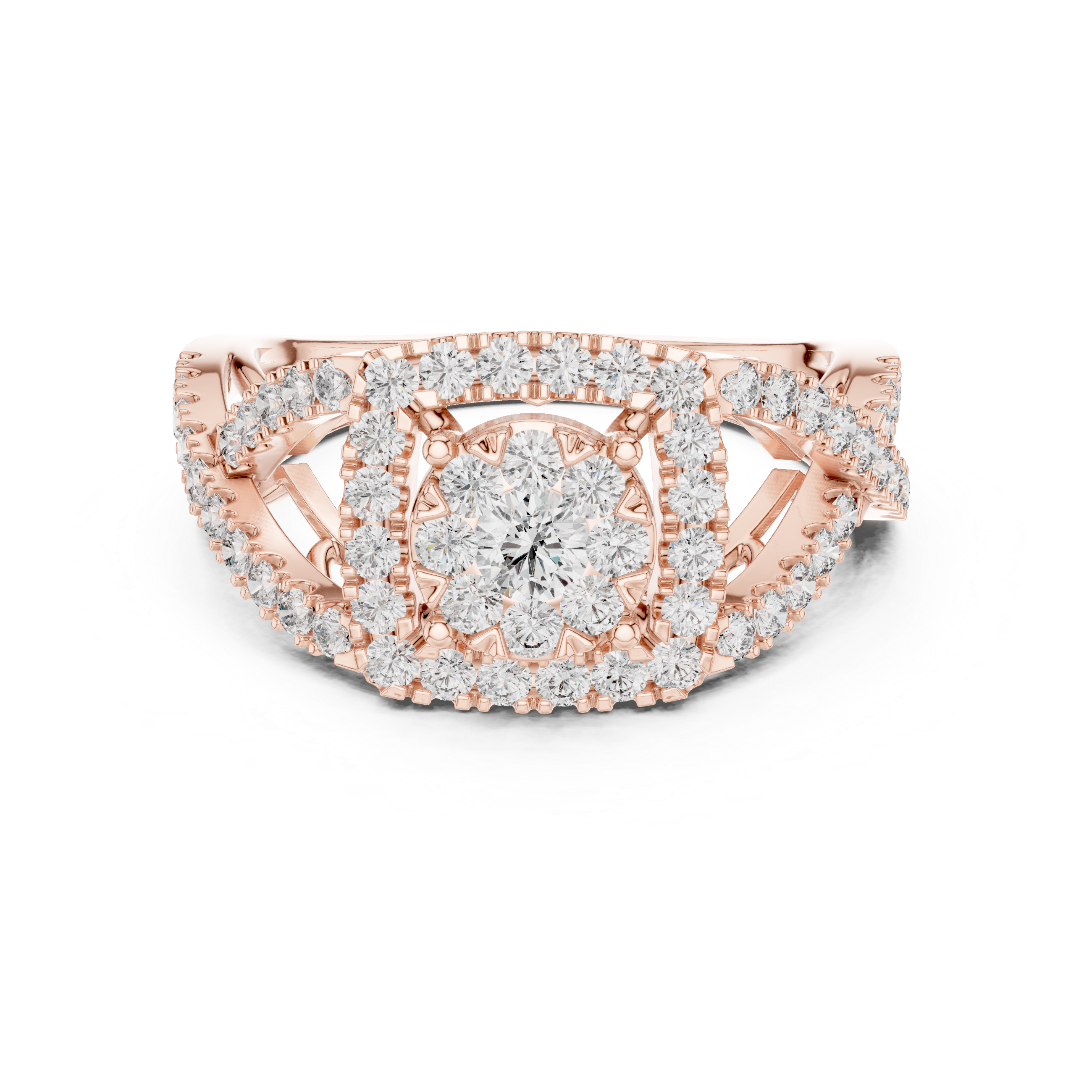 Luxurious ring with a radiant cluster center diamond and ornate crisscross diamond accents