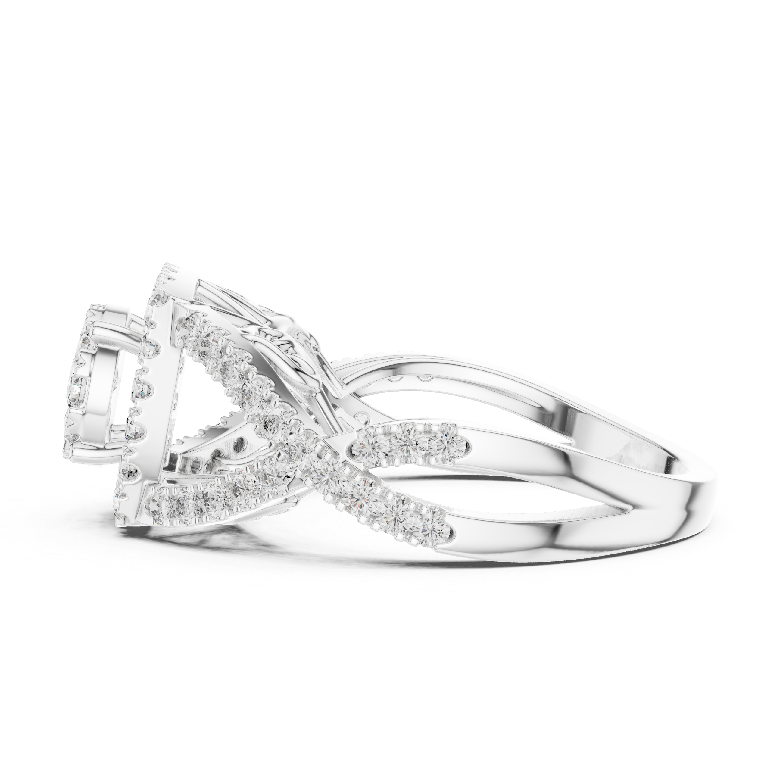 Luxurious ring with a radiant cluster center diamond and ornate crisscross diamond accents