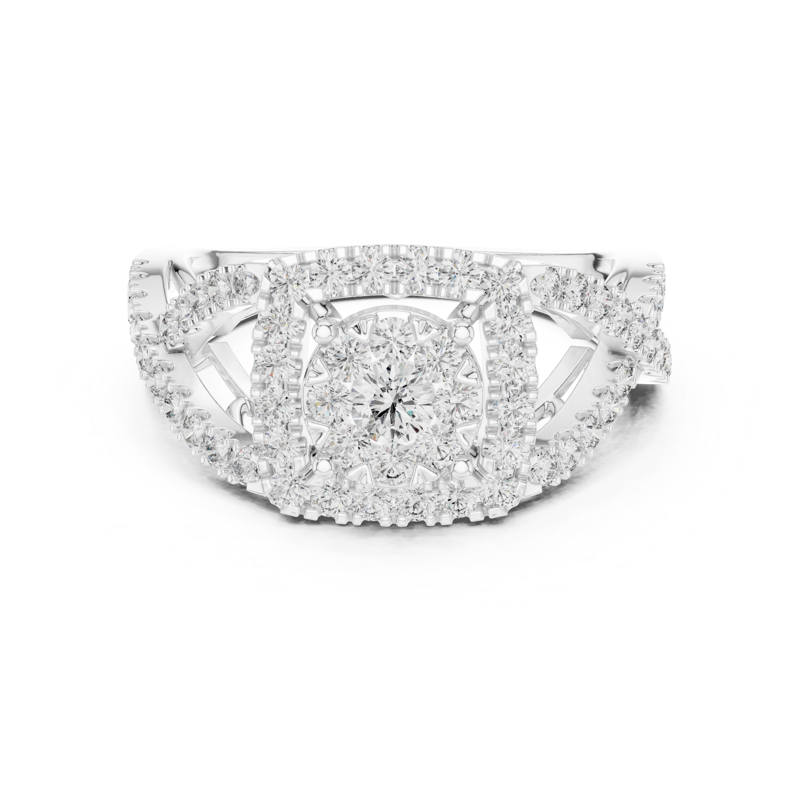Luxurious ring with a radiant cluster center diamond and ornate crisscross diamond accents