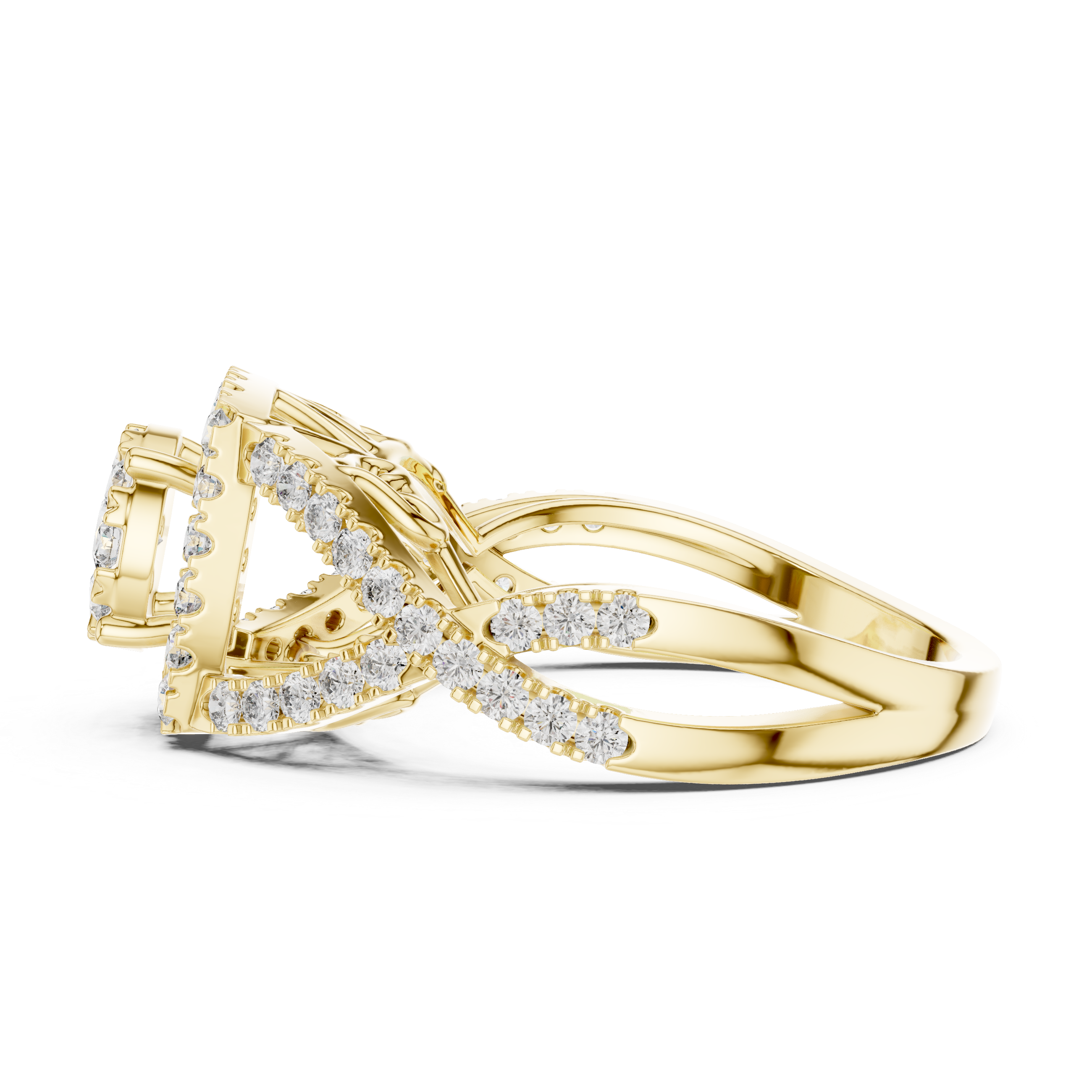 Luxurious ring with a radiant cluster center diamond and ornate crisscross diamond accents