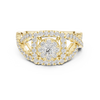 Luxurious ring with a radiant cluster center diamond and ornate crisscross diamond accents