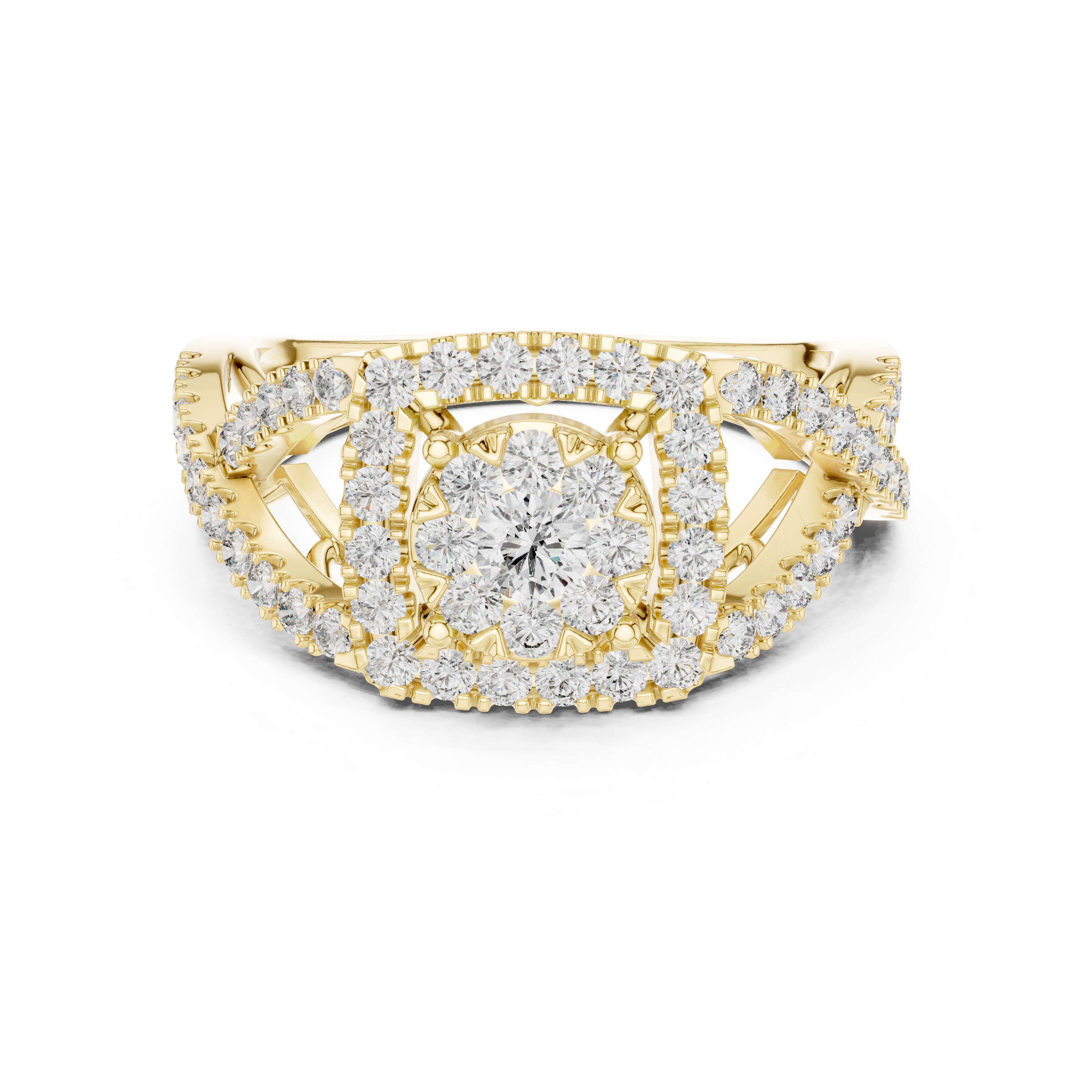 Luxurious ring with a radiant cluster center diamond and ornate crisscross diamond accents