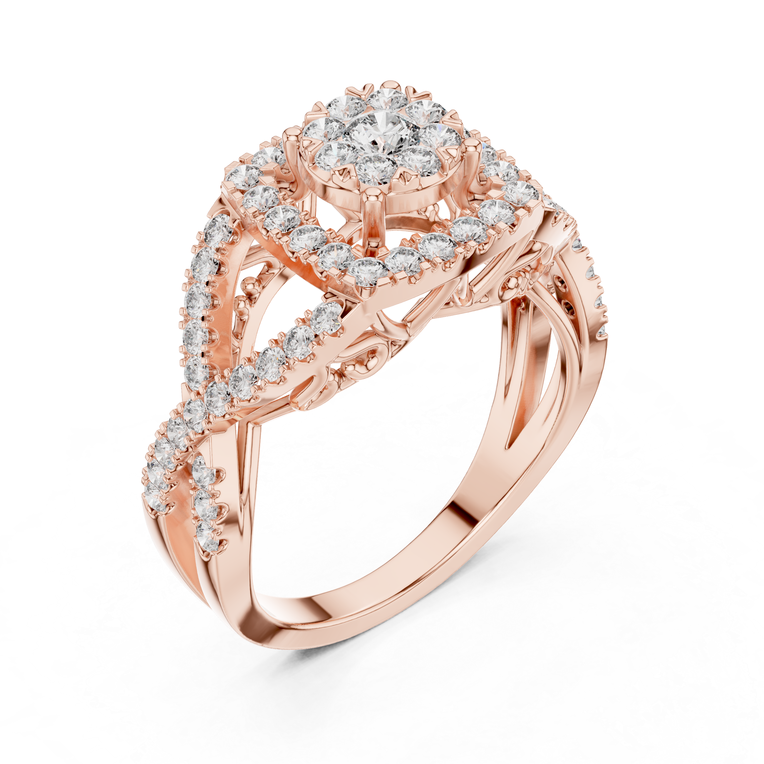 Luxurious ring with a radiant cluster center diamond and ornate crisscross diamond accents