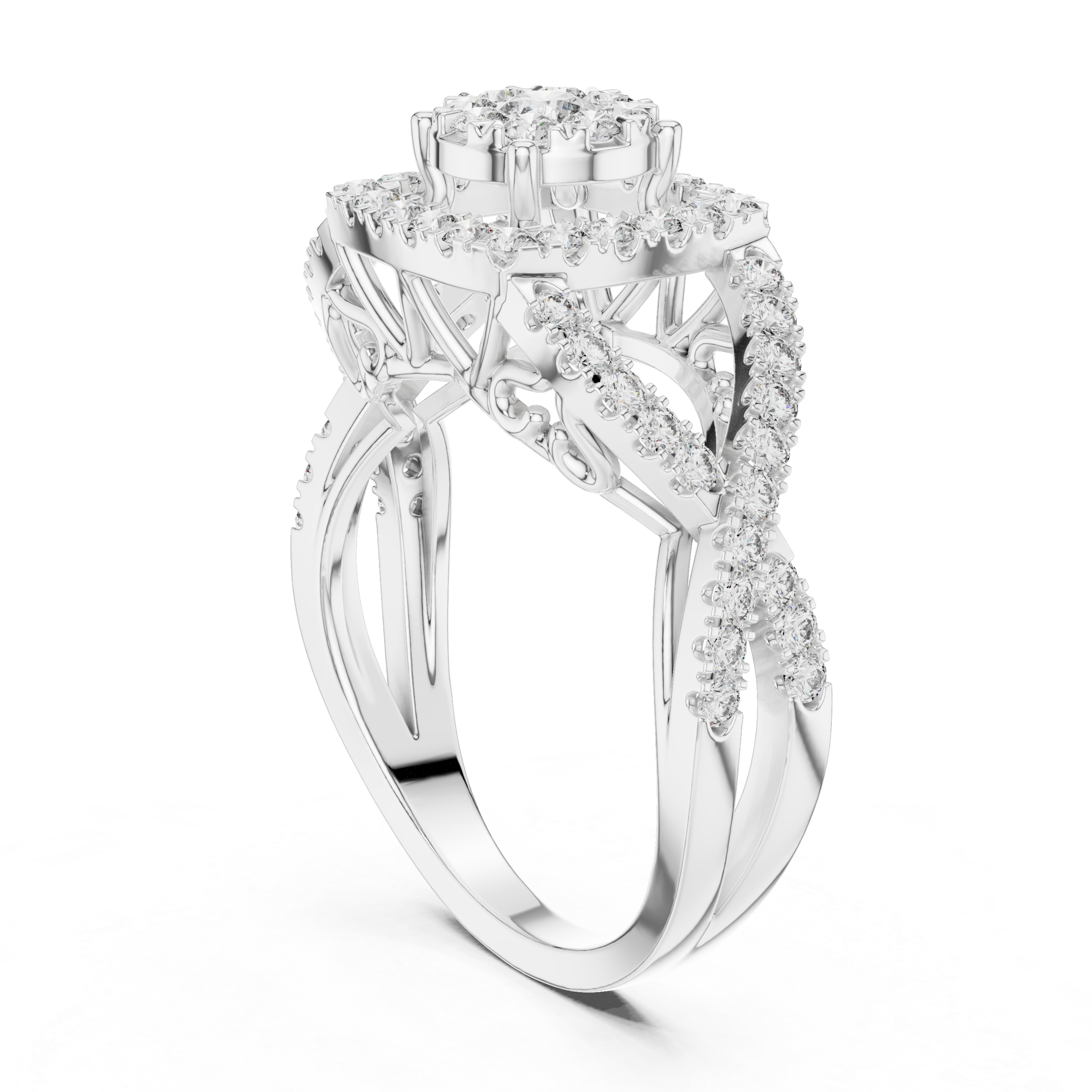 Luxurious ring with a radiant cluster center diamond and ornate crisscross diamond accents