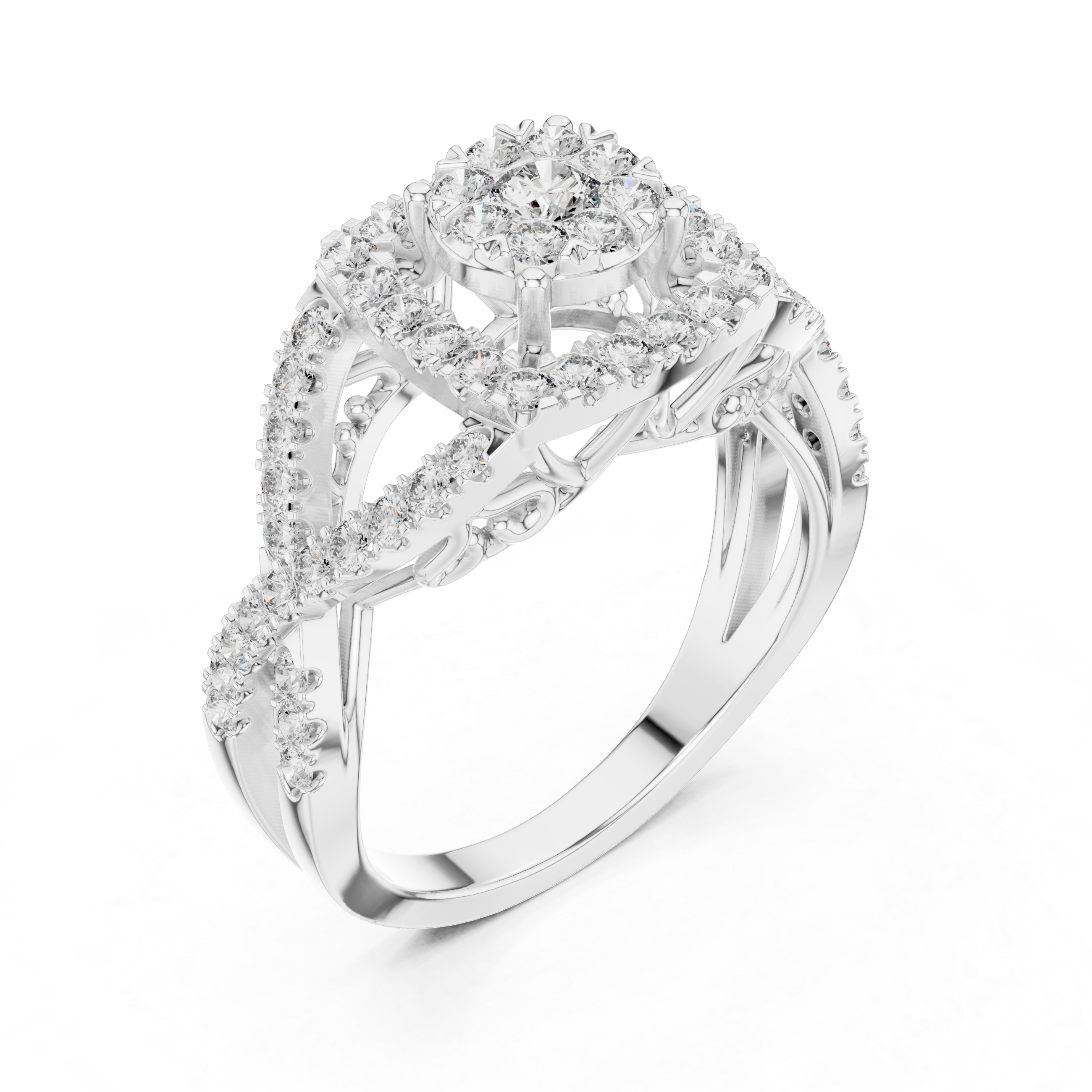 Luxurious ring with a radiant cluster center diamond and ornate crisscross diamond accents