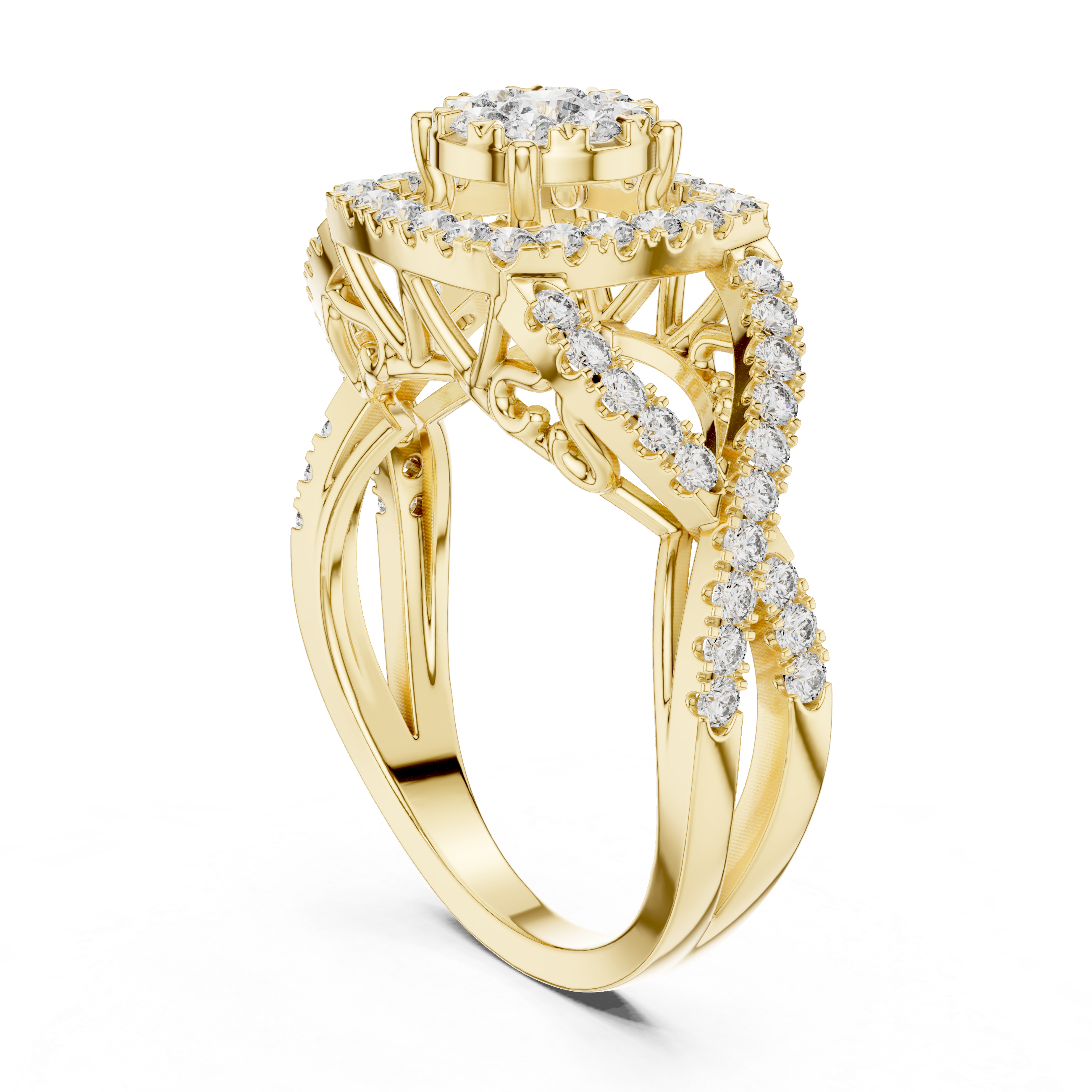Luxurious ring with a radiant cluster center diamond and ornate crisscross diamond accents