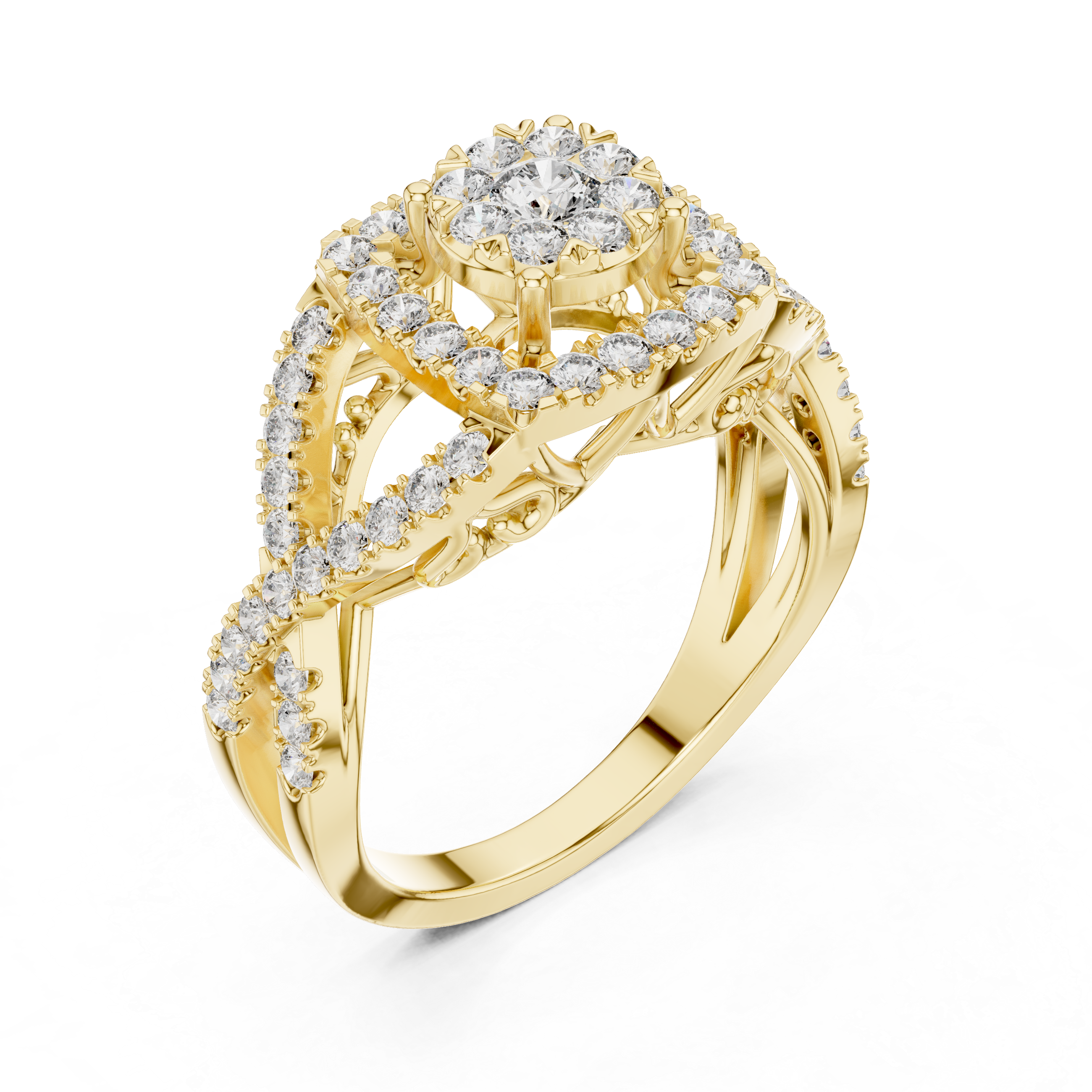 Luxurious ring with a radiant cluster center diamond and ornate crisscross diamond accents