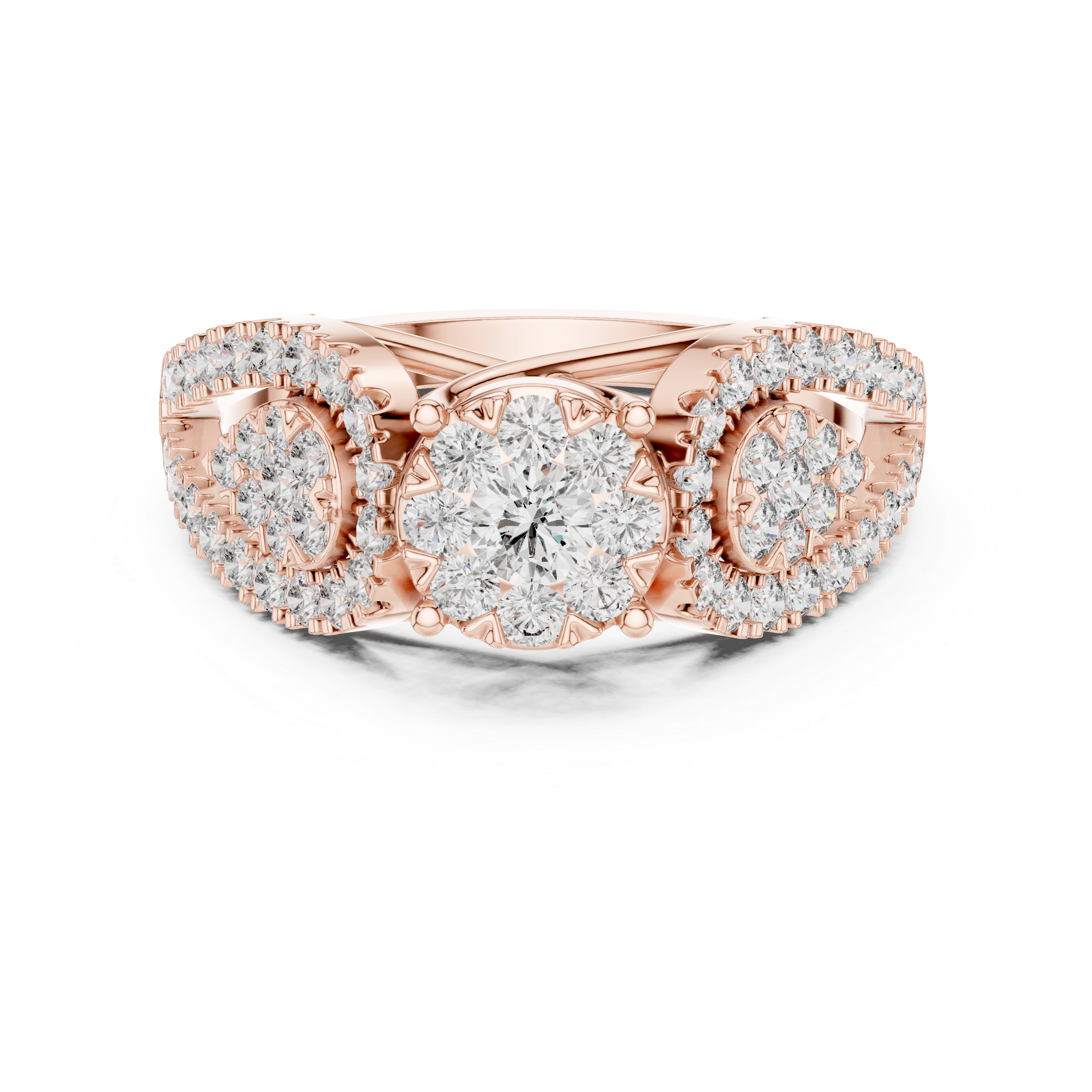 Cluster center diamond and pear-shaped diamond halo accents.