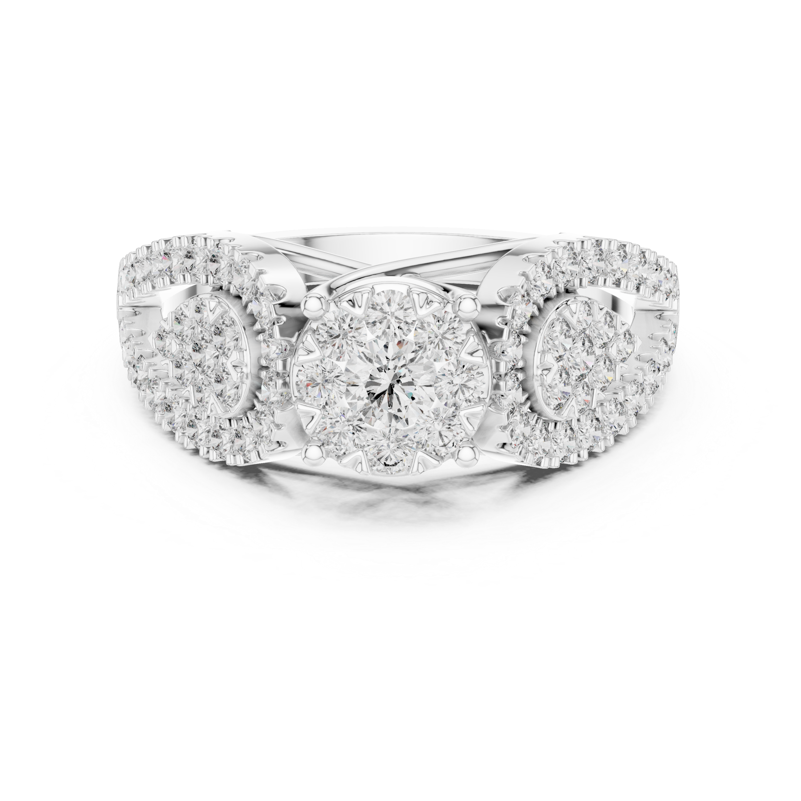 Cluster center diamond and pear-shaped diamond halo accents.