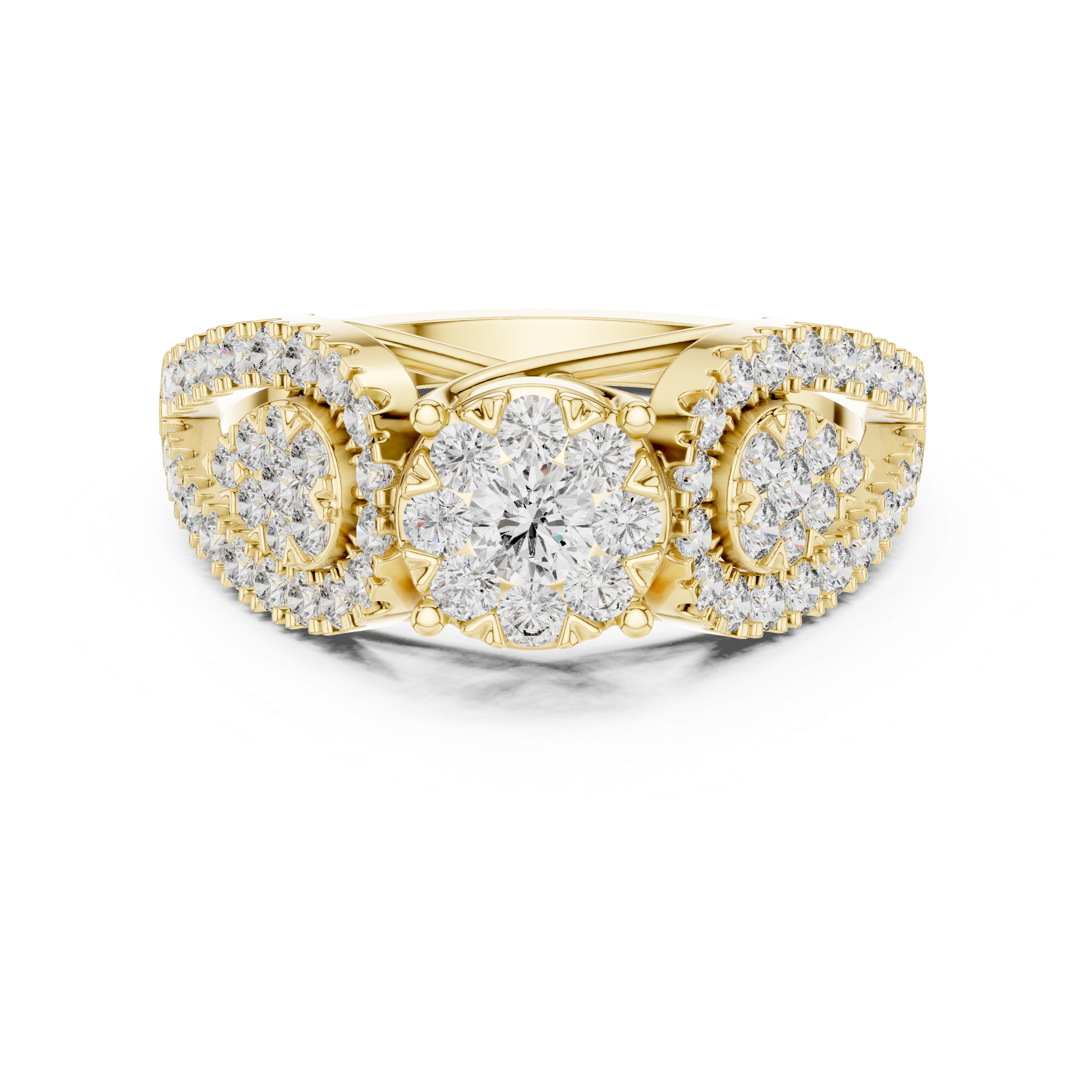 Cluster center diamond and pear-shaped diamond halo accents.