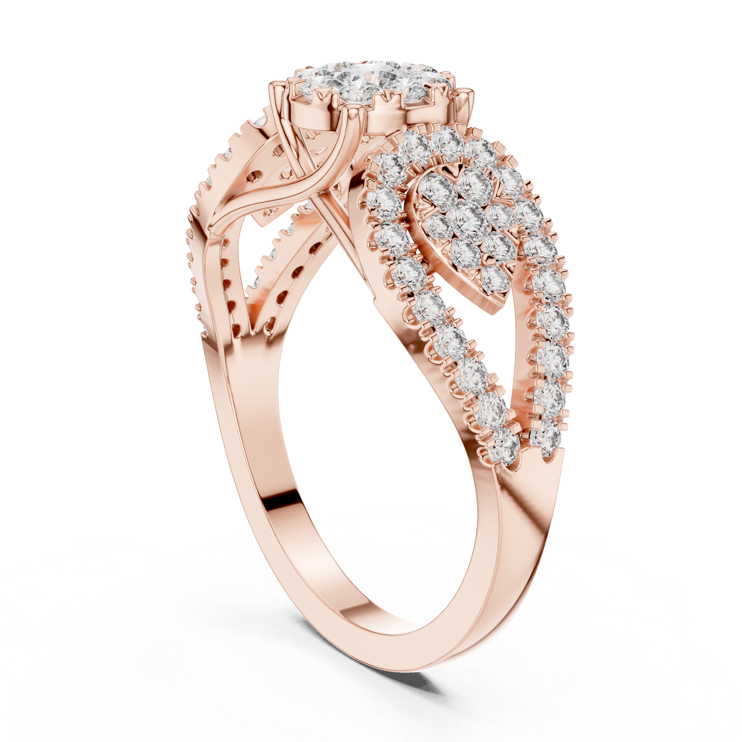 Cluster center diamond and pear-shaped diamond halo accents.