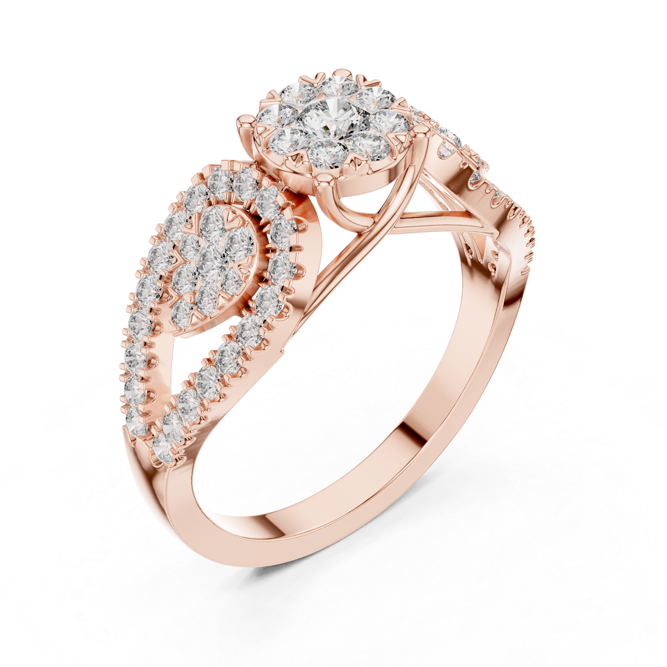 Cluster center diamond and pear-shaped diamond halo accents.