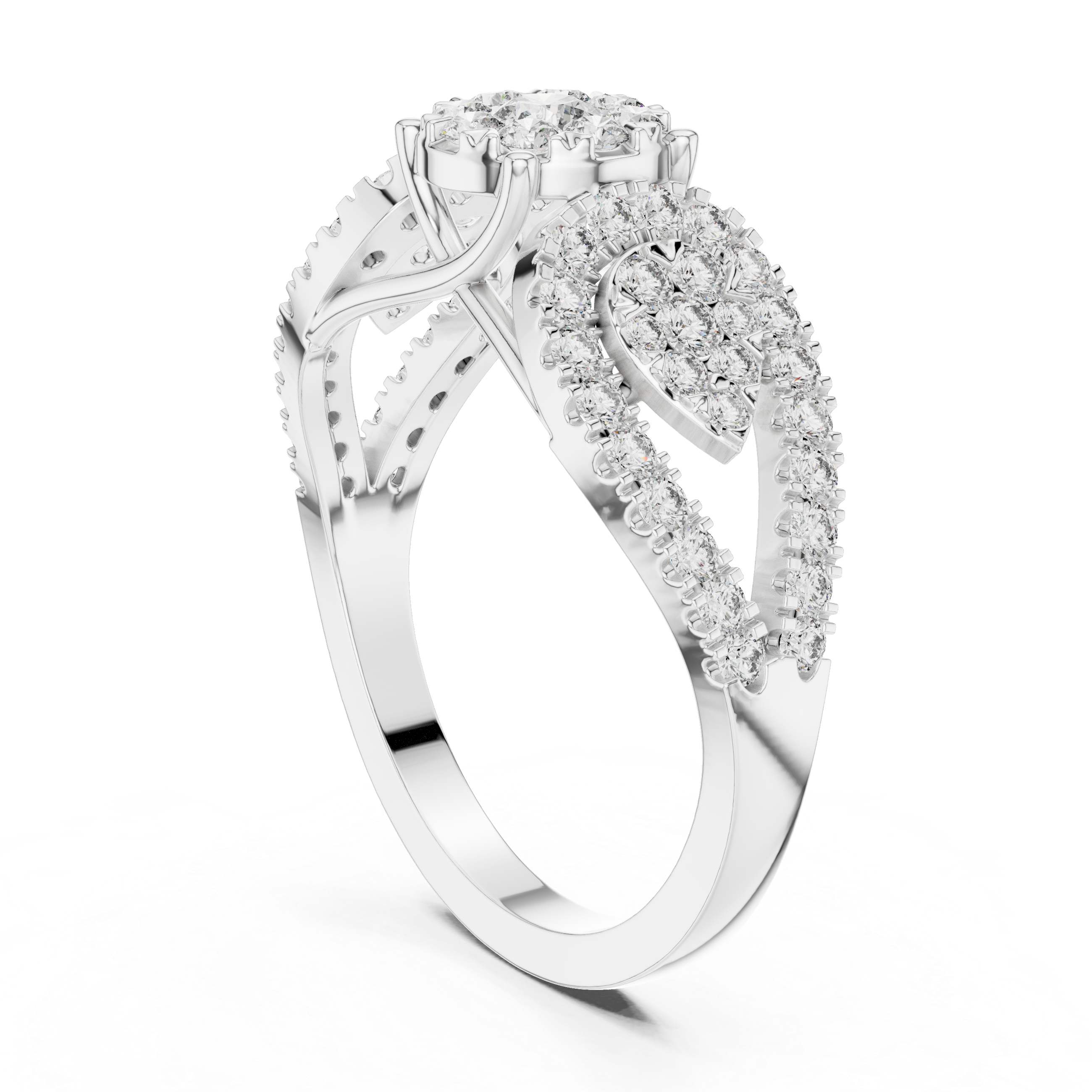 Cluster center diamond and pear-shaped diamond halo accents.