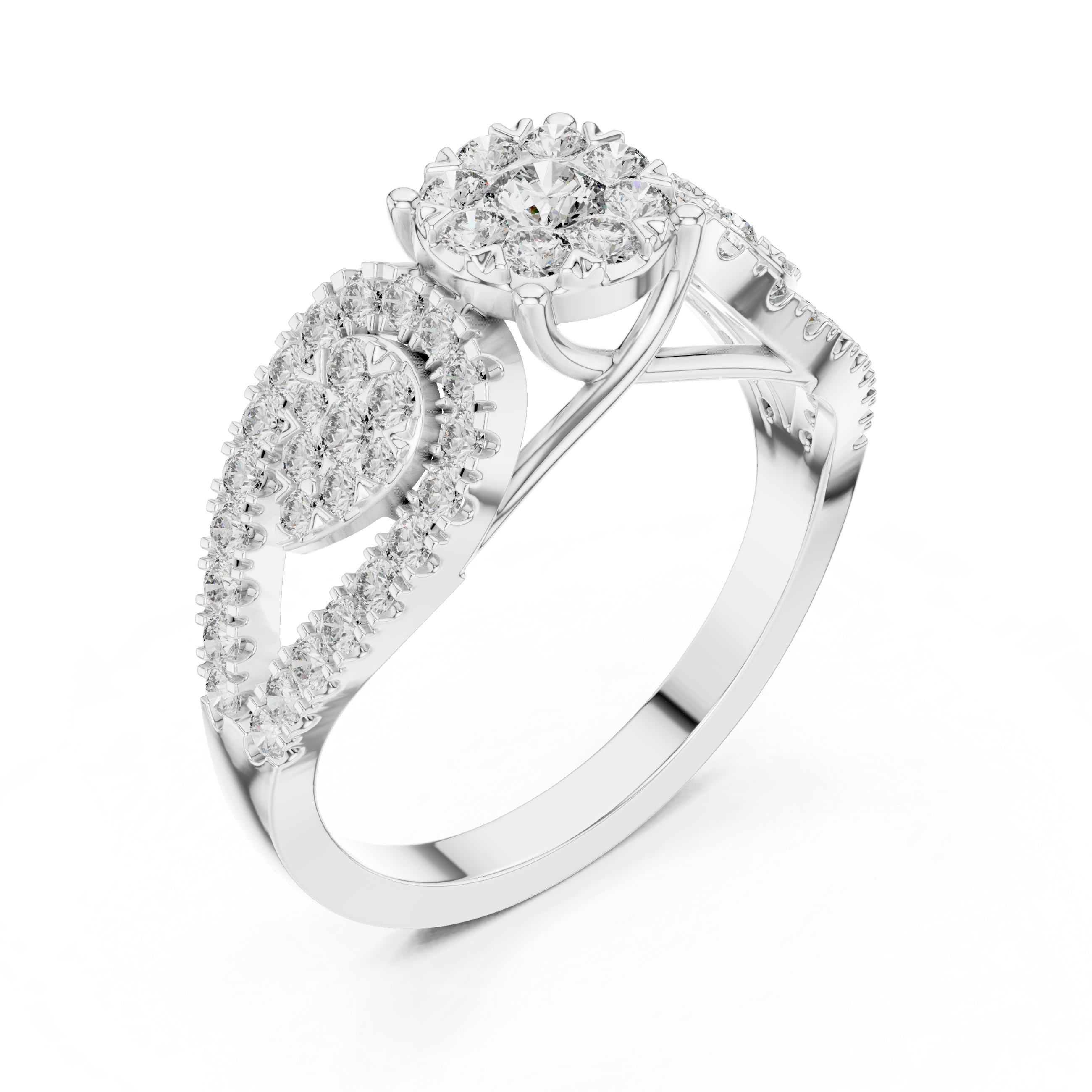 Cluster center diamond and pear-shaped diamond halo accents.