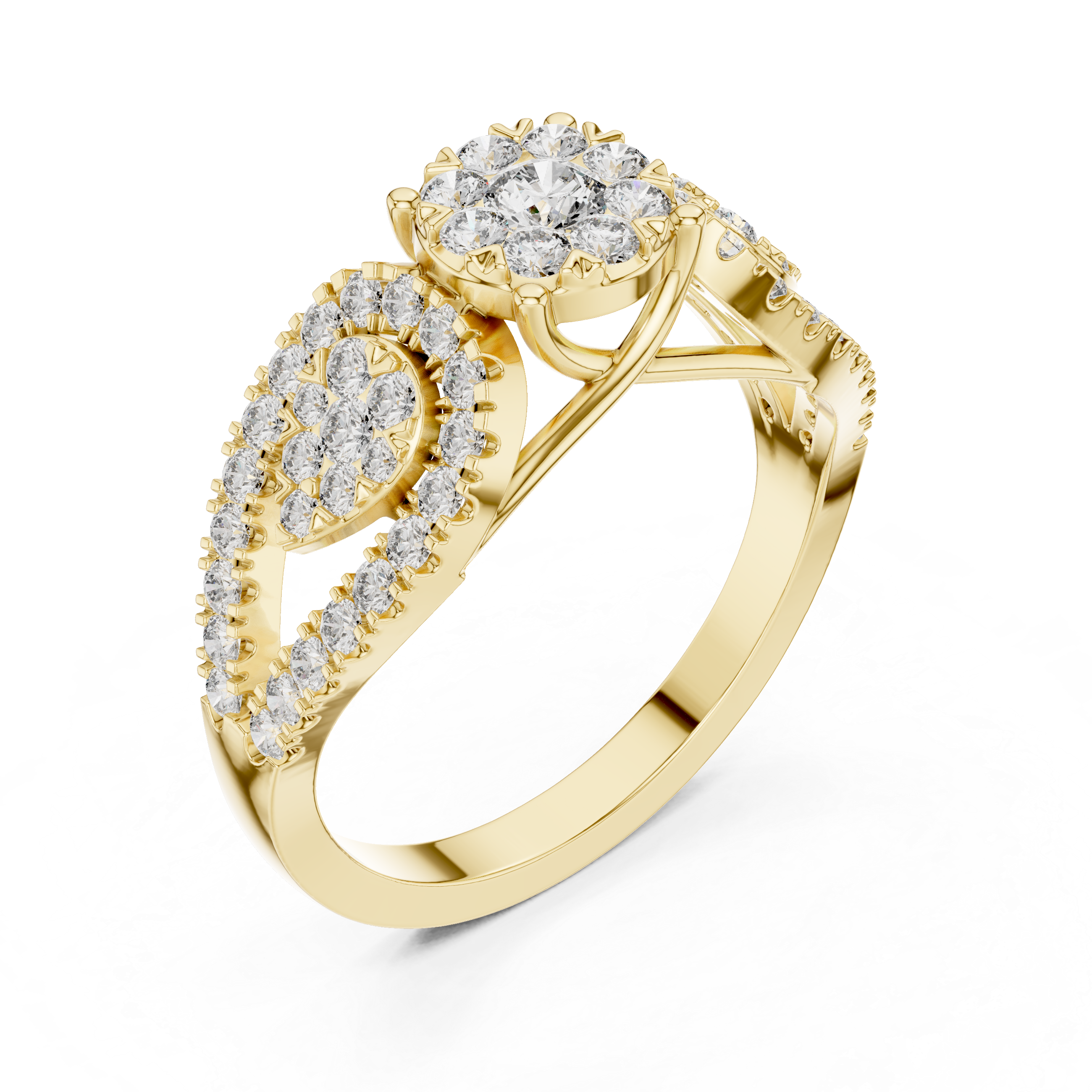 Cluster center diamond and pear-shaped diamond halo accents.