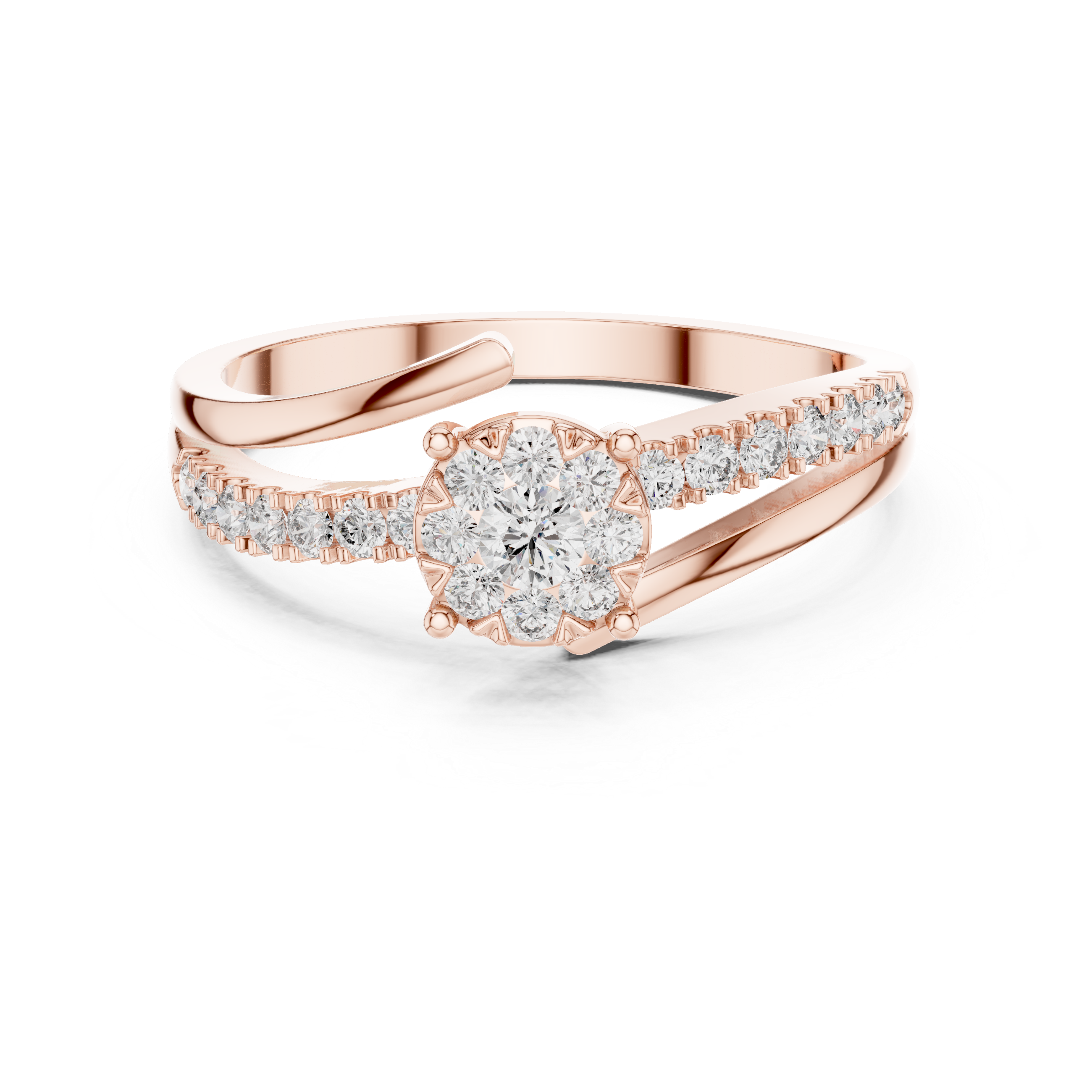 Floral diamond cluster and diamond-studded split band.