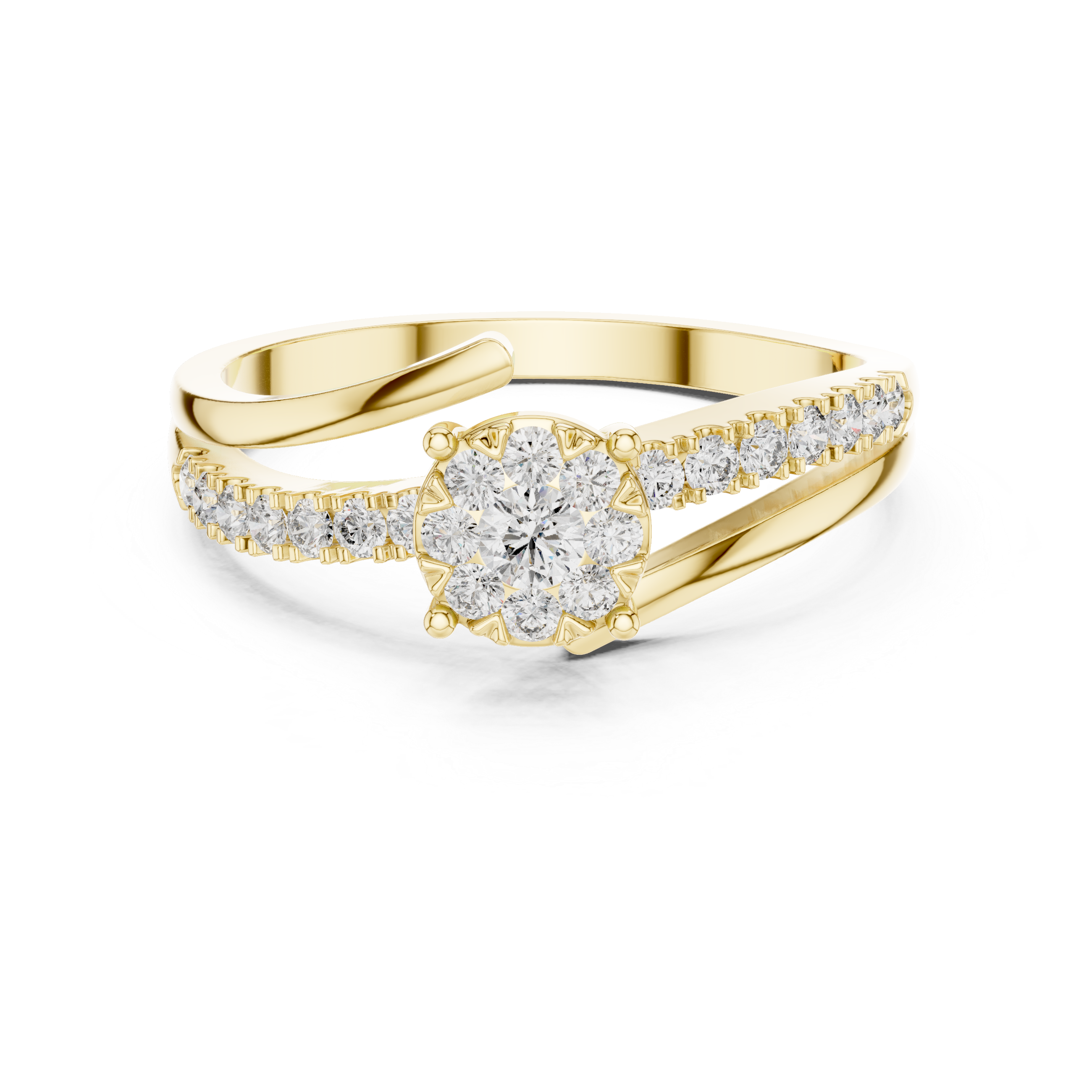 Floral diamond cluster and diamond-studded split band.