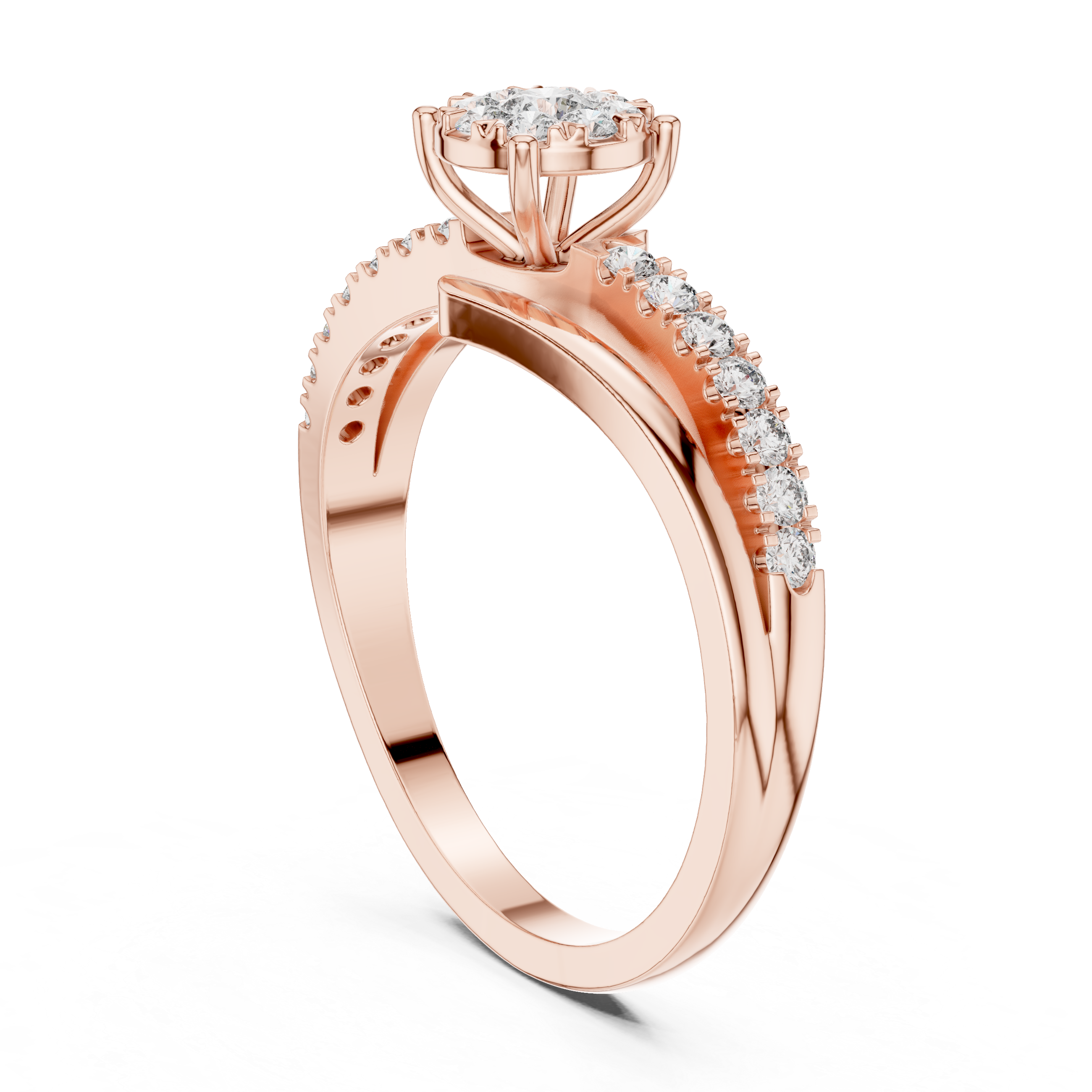 Floral diamond cluster and diamond-studded split band.