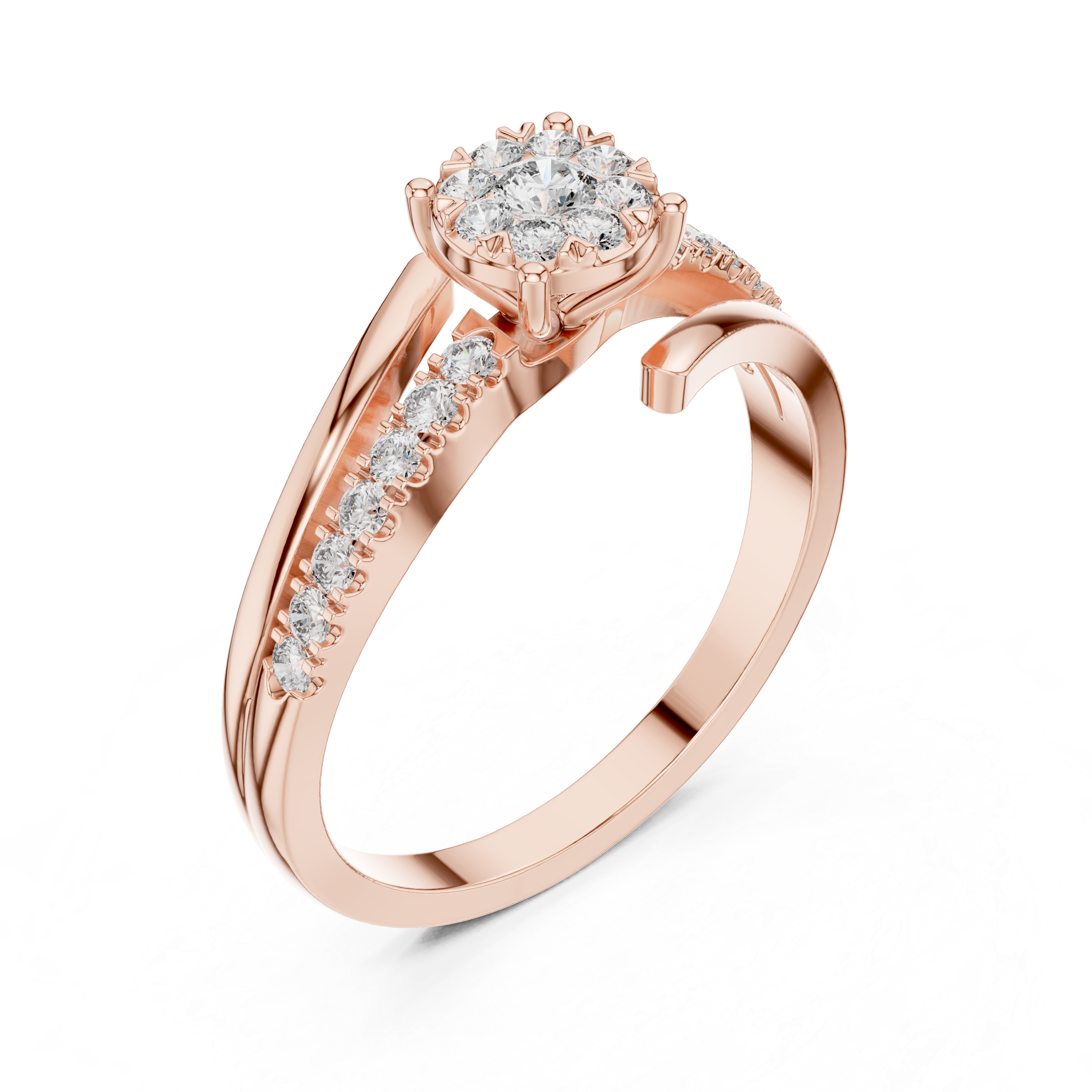 Floral diamond cluster and diamond-studded split band.