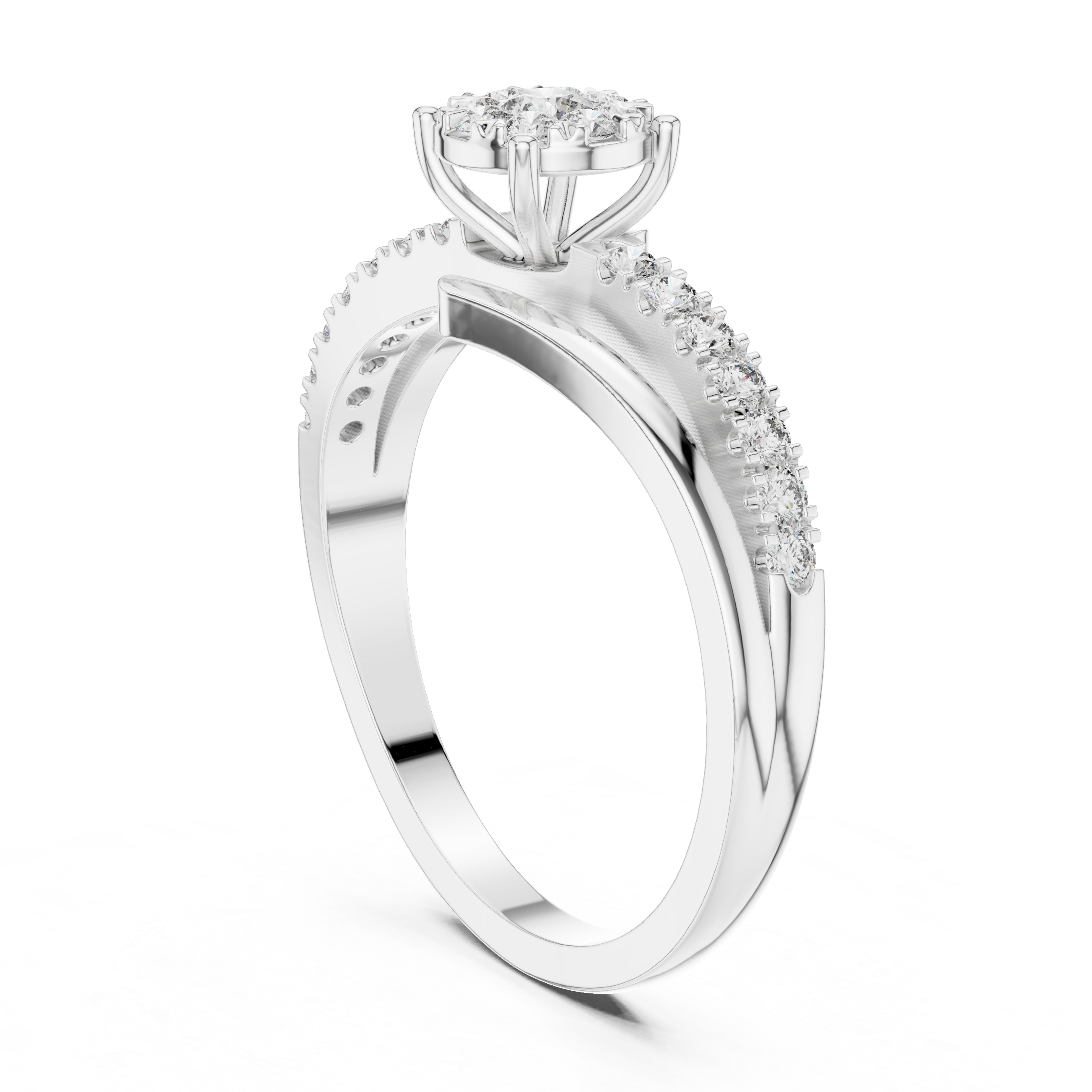 Floral diamond cluster and diamond-studded split band.