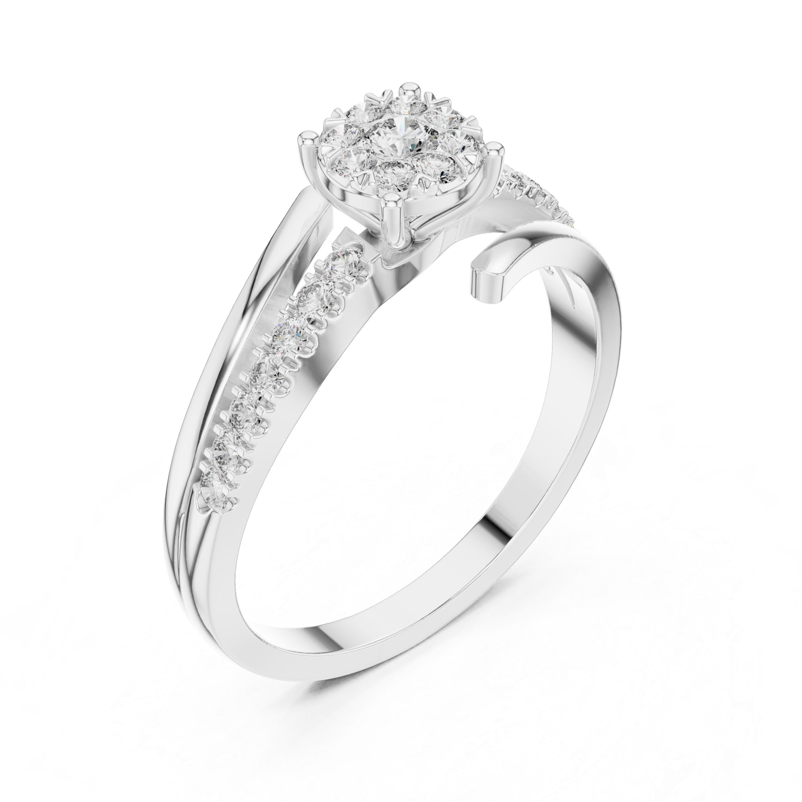 Floral diamond cluster and diamond-studded split band.
