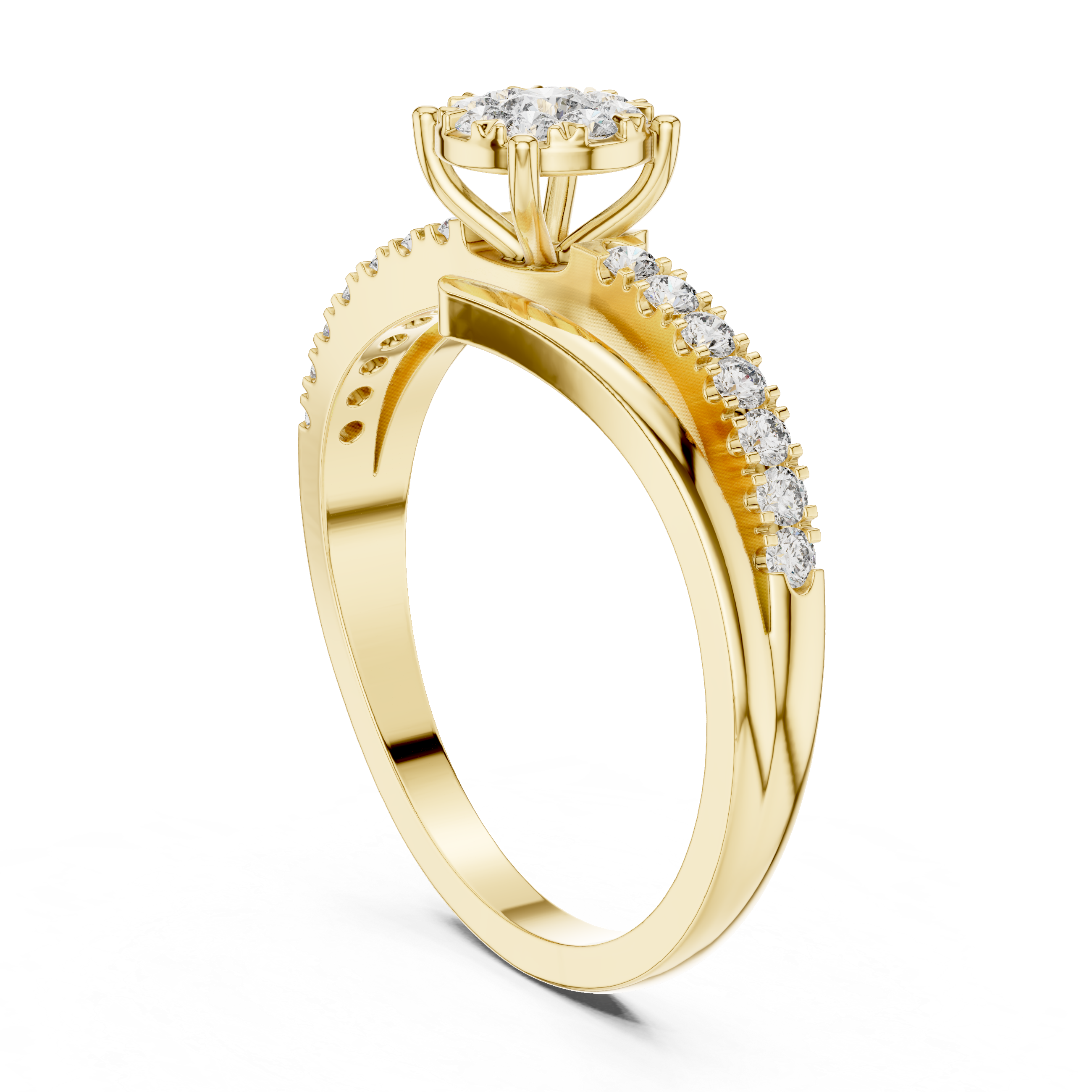 Floral diamond cluster and diamond-studded split band.