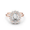Rose gold halo engagement ring with oval center diamond and round diamond accents