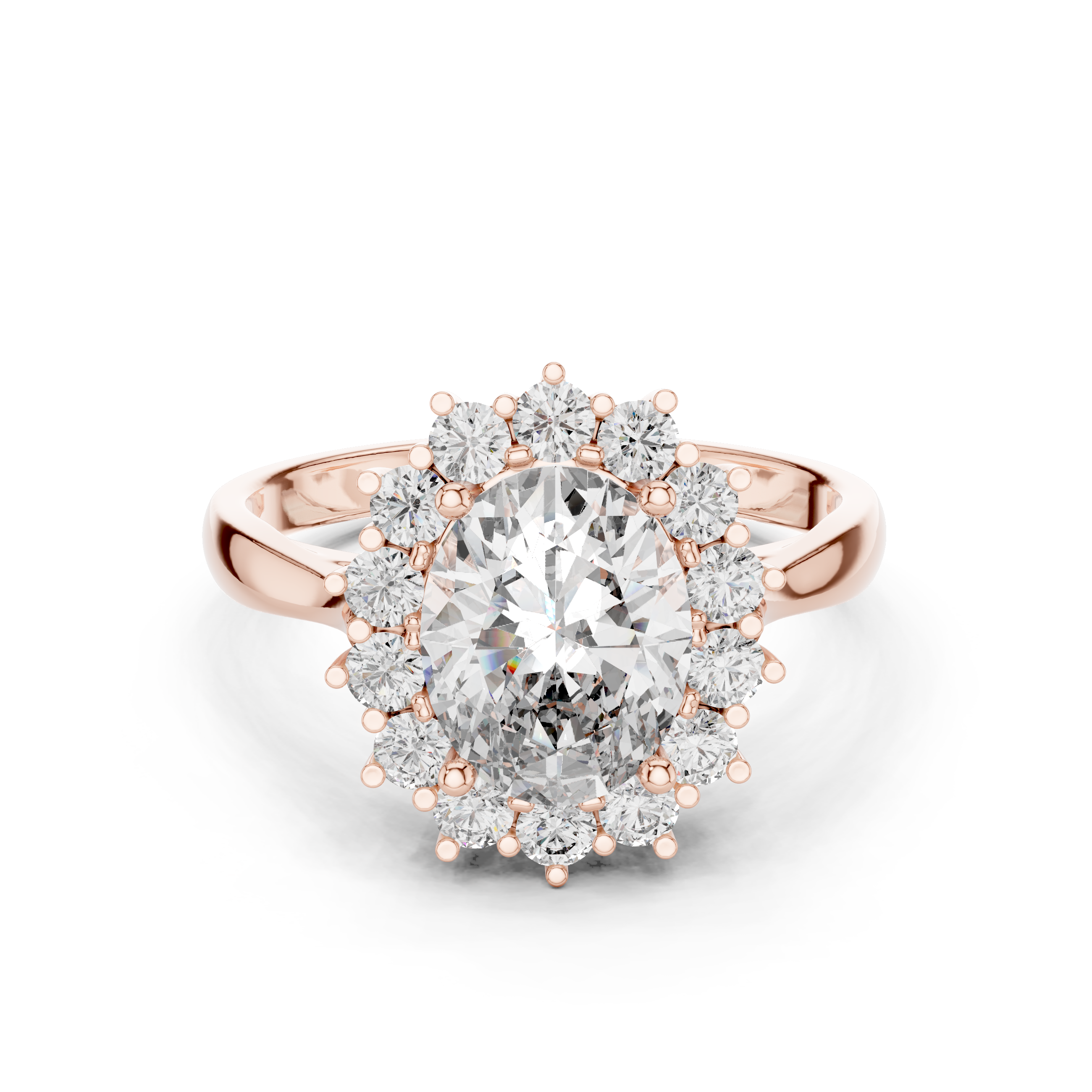 Rose gold halo engagement ring with oval center diamond and round diamond accents