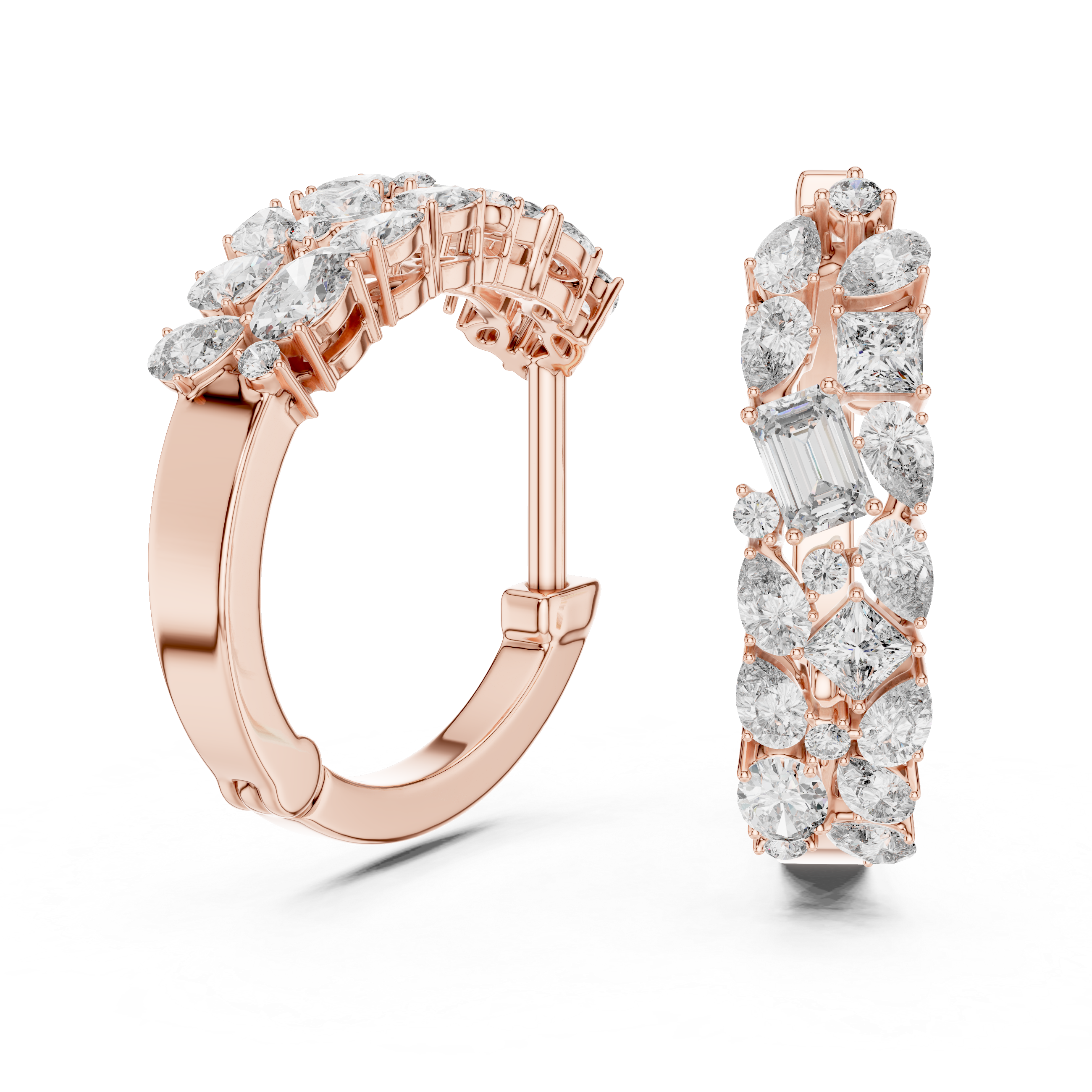 Whispers of Light: Mixed-Cut Diamond Hoops in Rose Gold