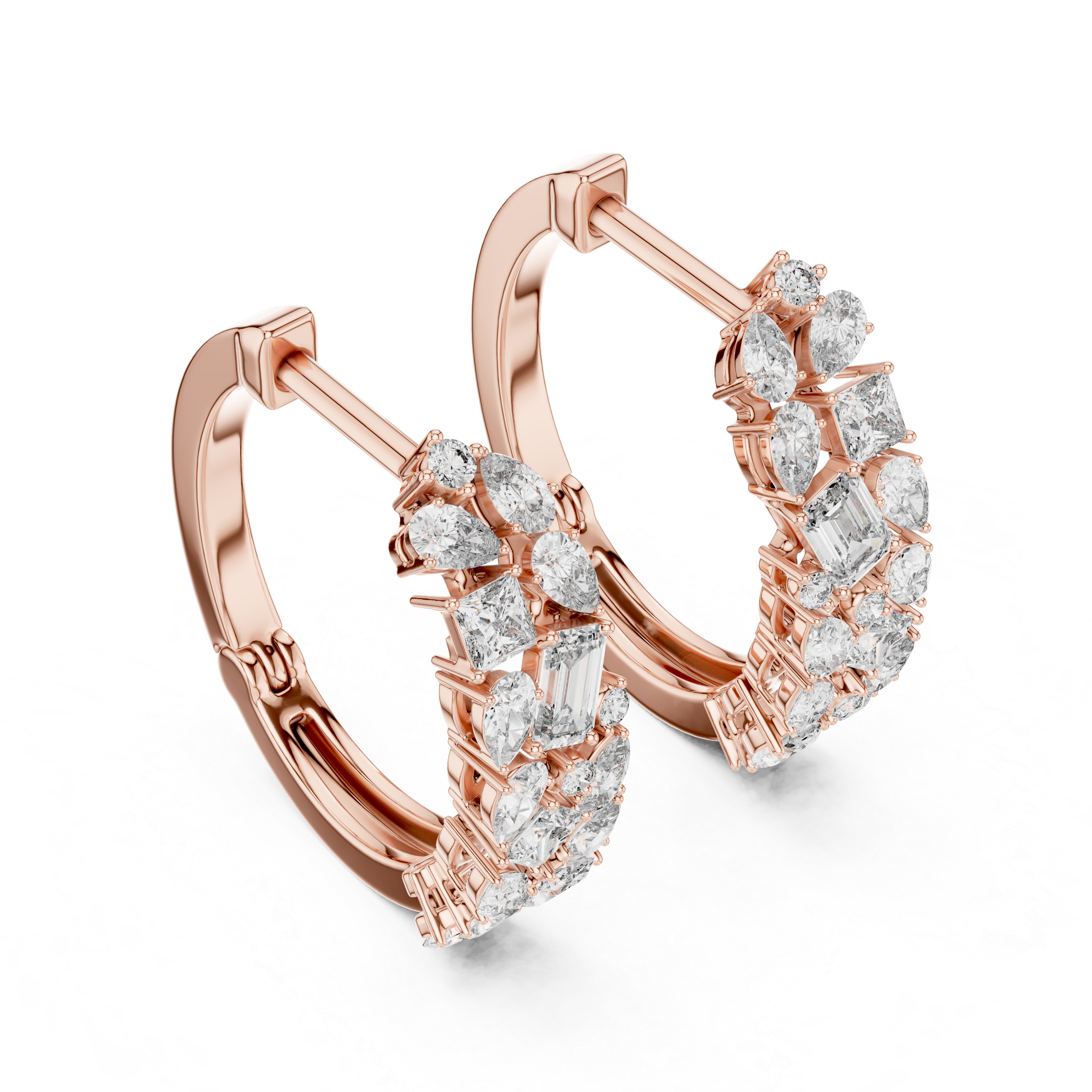 Whispers of Light: Mixed-Cut Diamond Hoops in Rose Gold