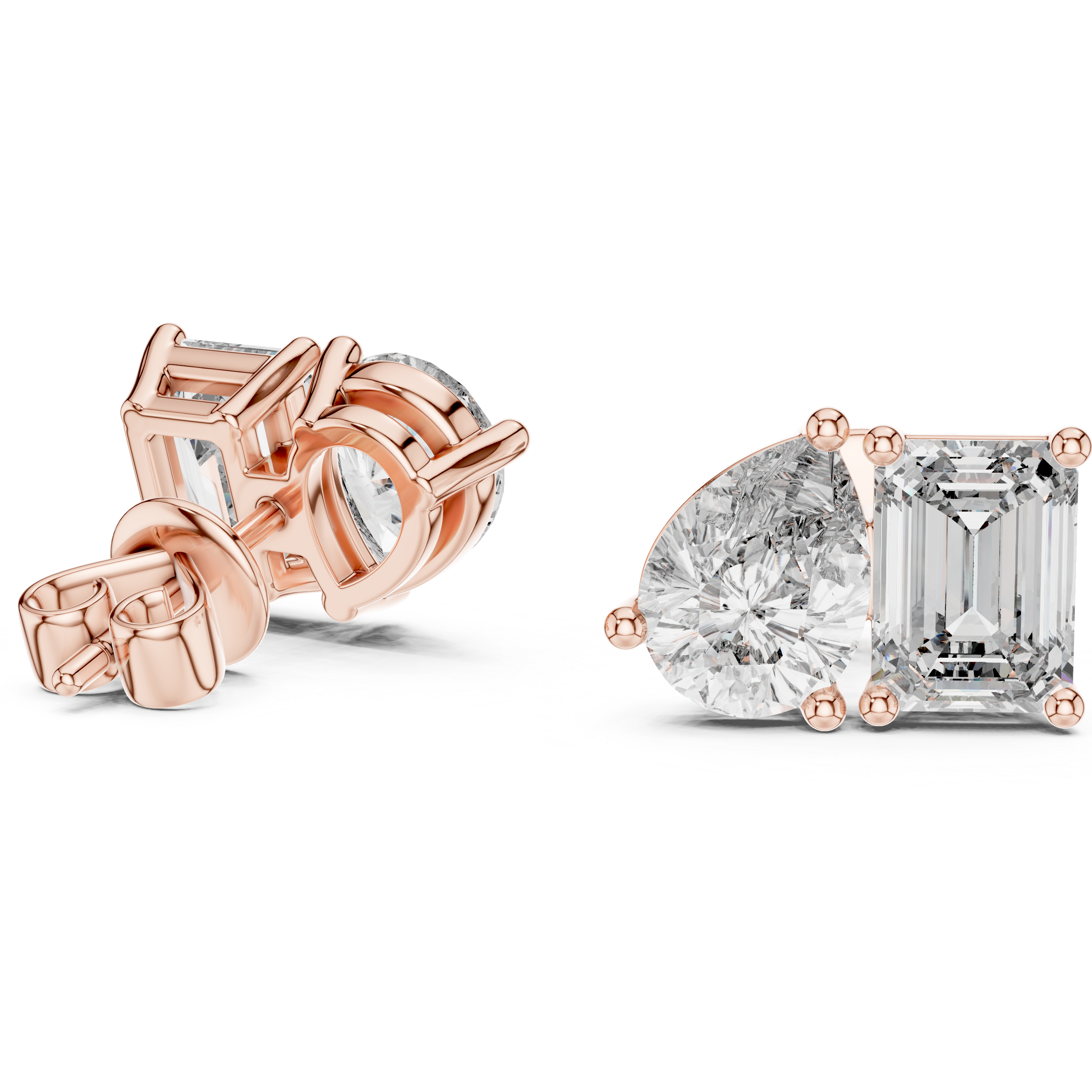Rose Gold Diamond Stud Earrings ? Pear and Emerald Cut Duo