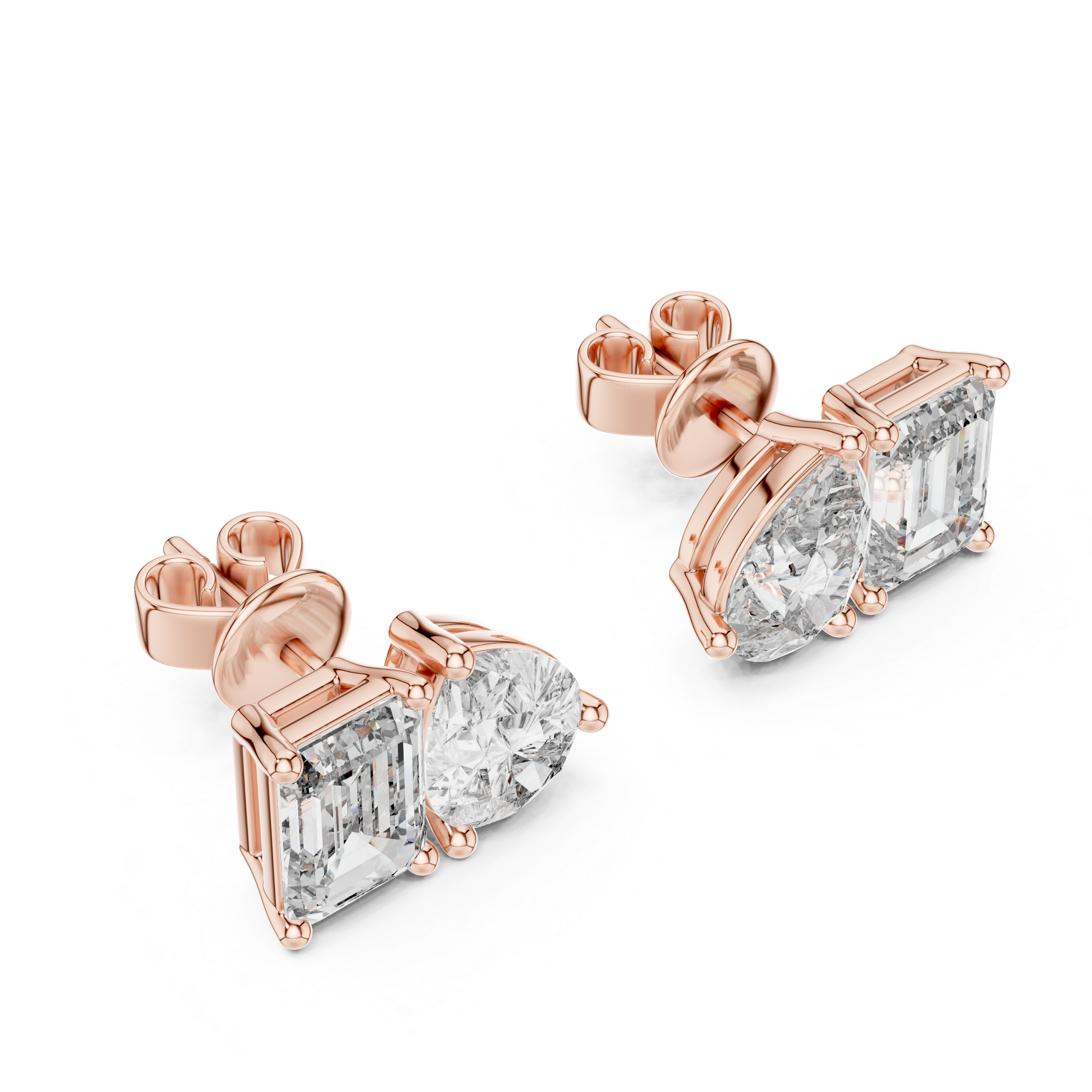 Rose Gold Diamond Stud Earrings ? Pear and Emerald Cut Duo