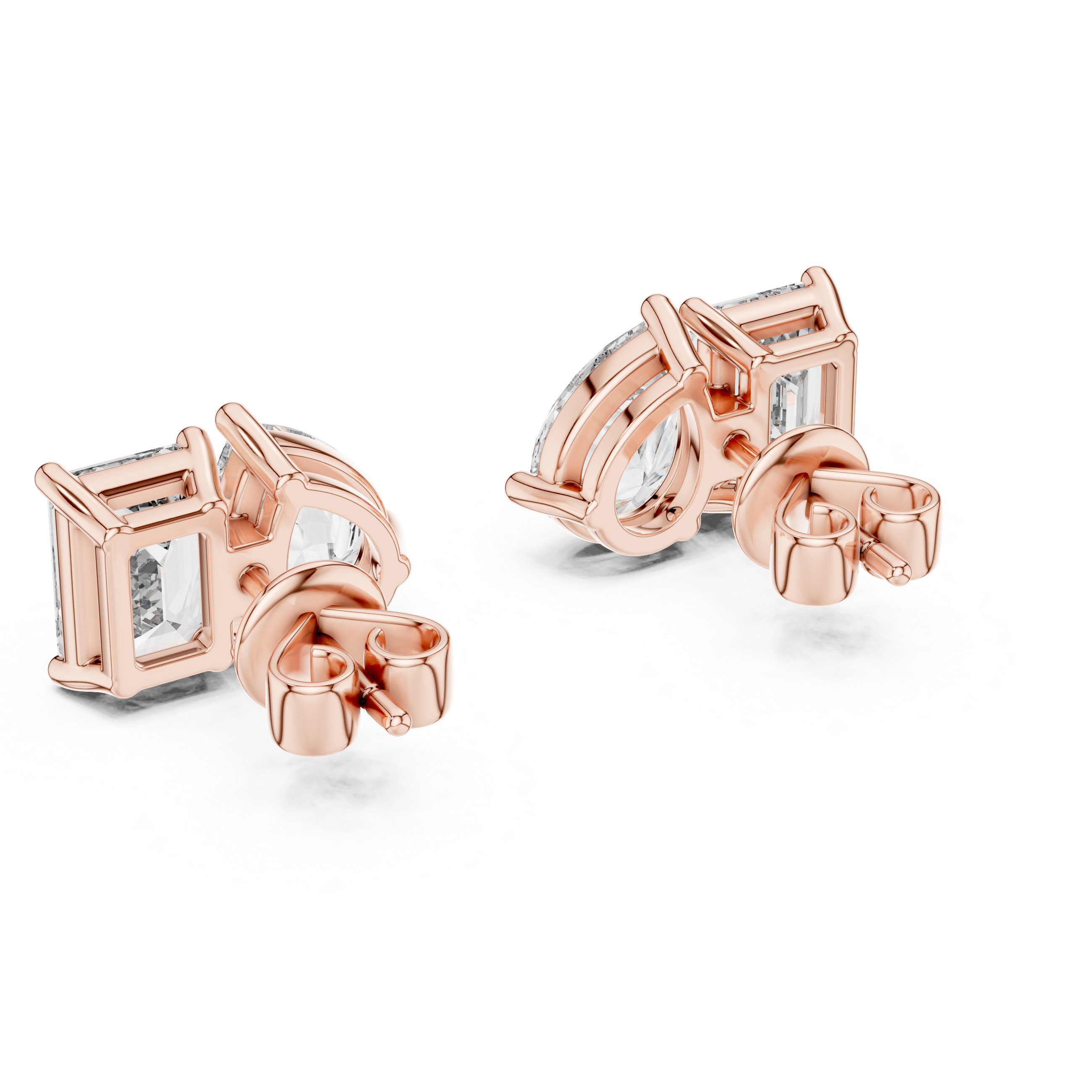 Rose Gold Diamond Stud Earrings ? Pear and Emerald Cut Duo