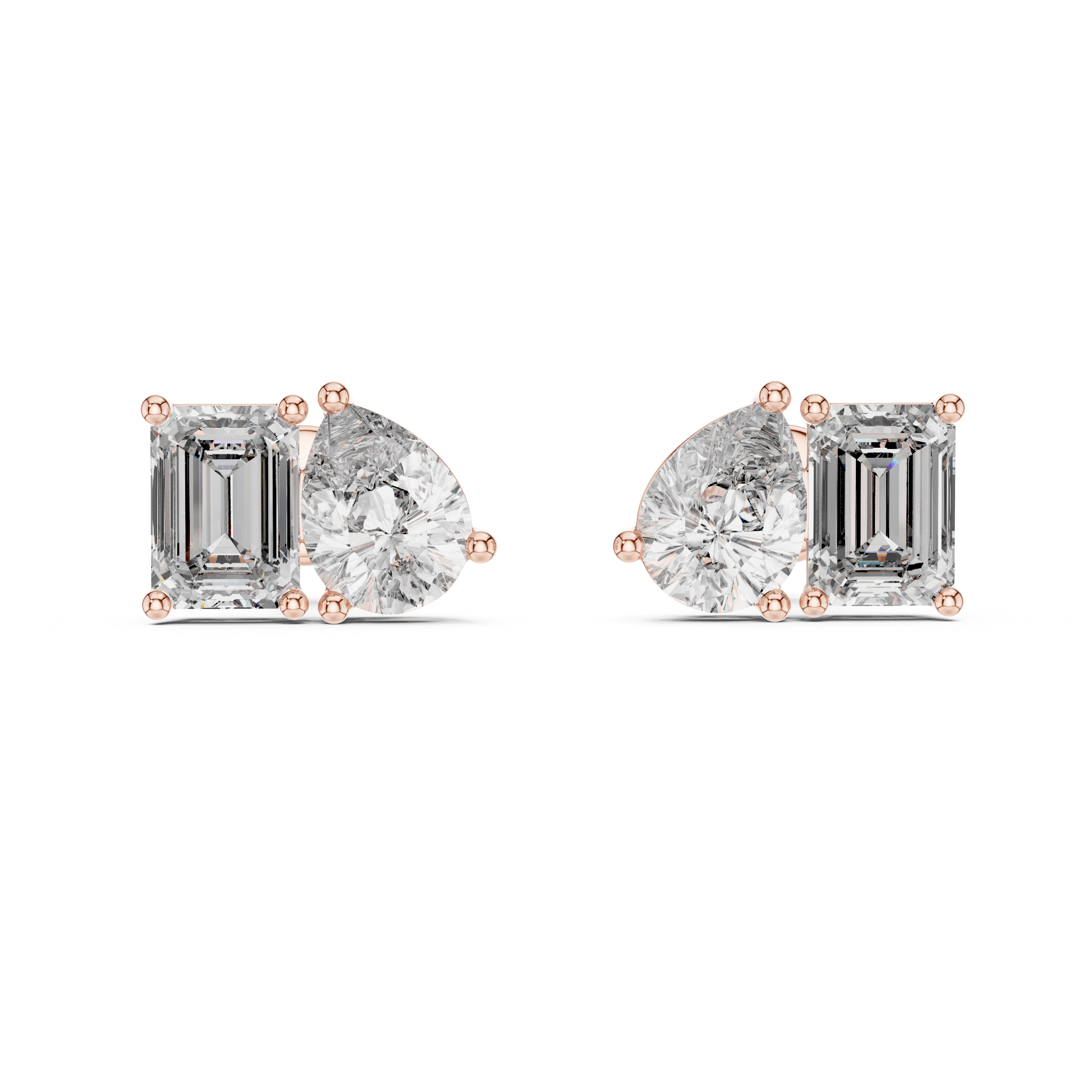Rose Gold Diamond Stud Earrings ? Pear and Emerald Cut Duo