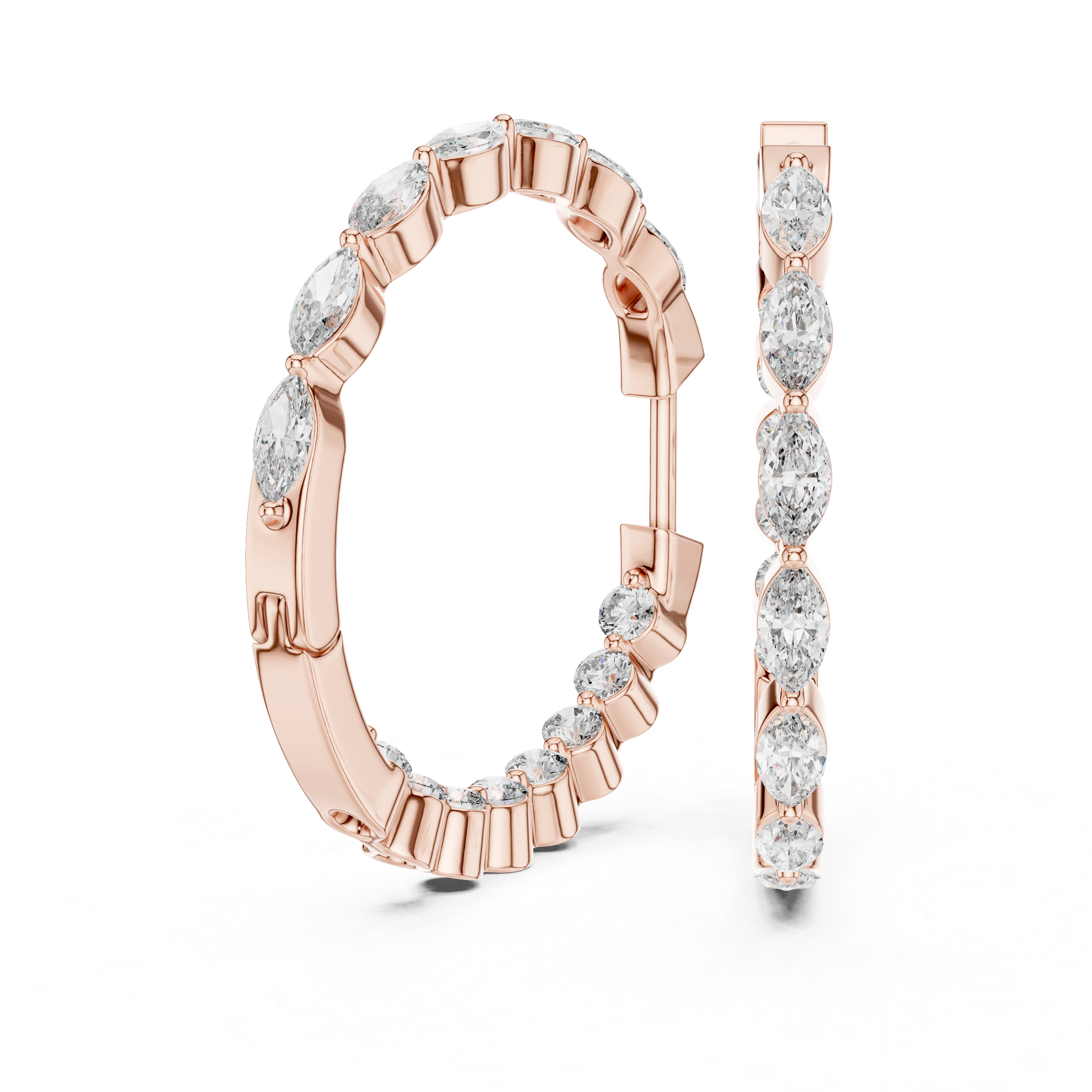 Rose gold marquise diamond hoop earrings with a secure latch back closure.