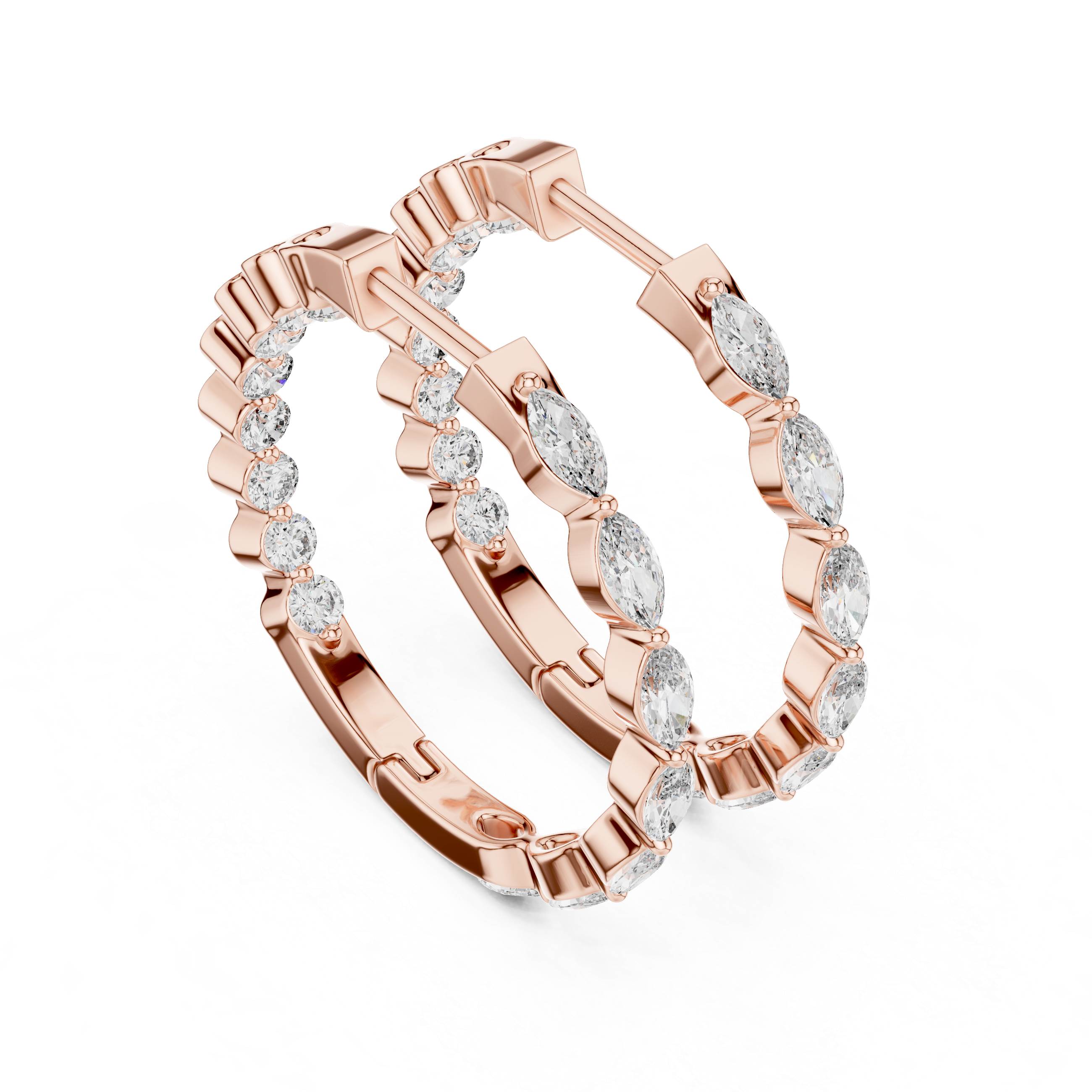 Rose gold marquise diamond hoop earrings with a secure latch back closure.