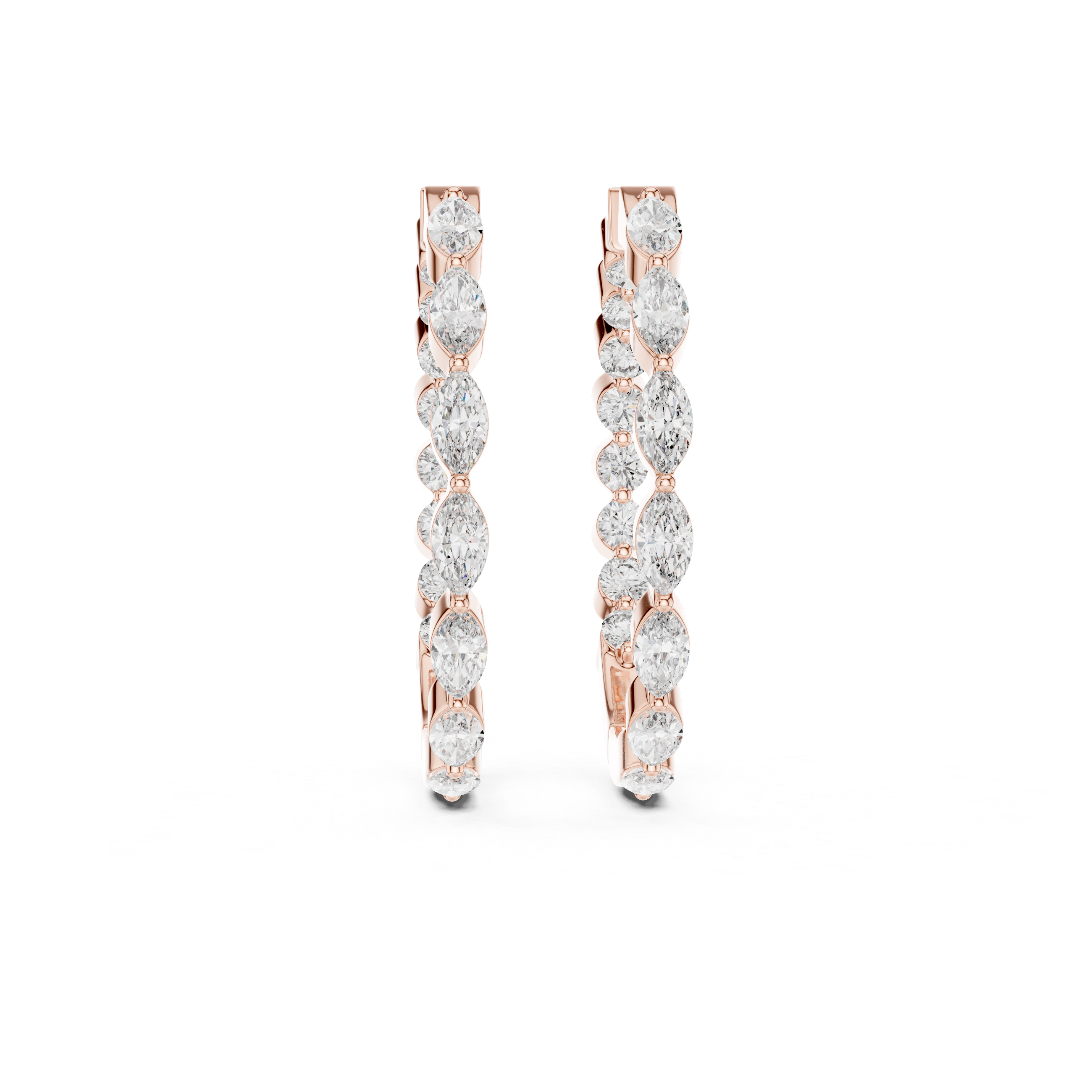 Rose gold marquise diamond hoop earrings with a secure latch back closure.