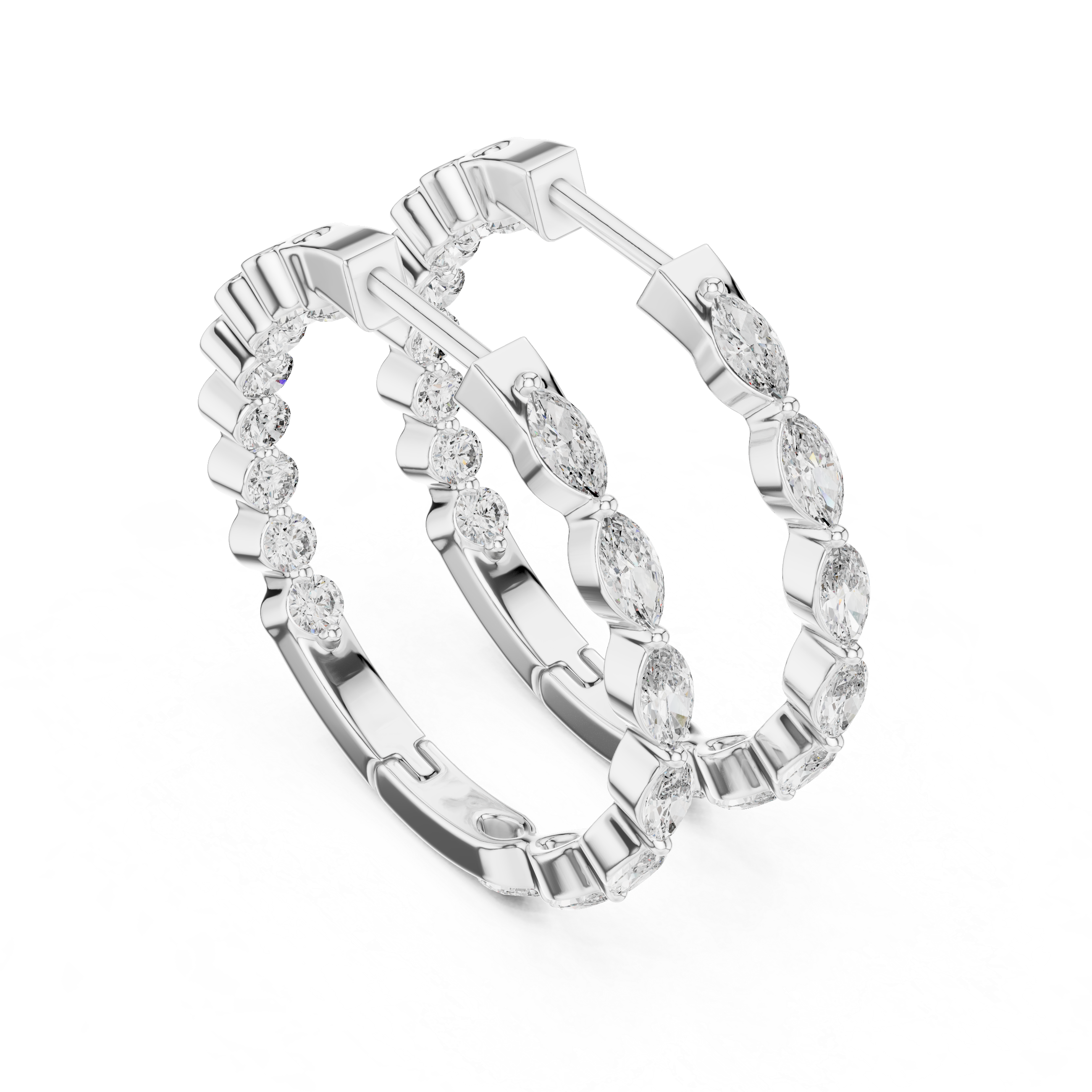 Rose gold marquise diamond hoop earrings with a secure latch back closure.