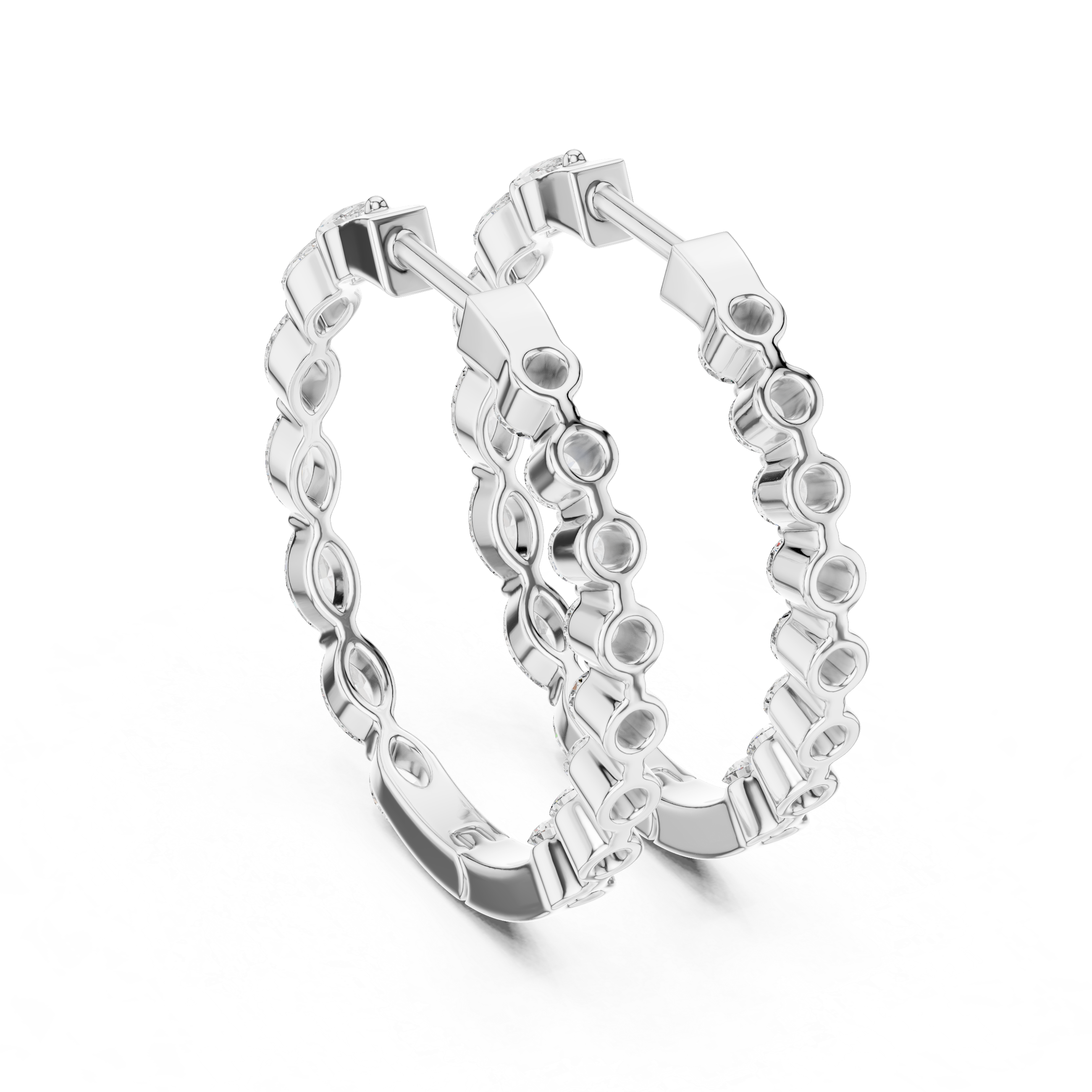 Rose gold marquise diamond hoop earrings with a secure latch back closure.