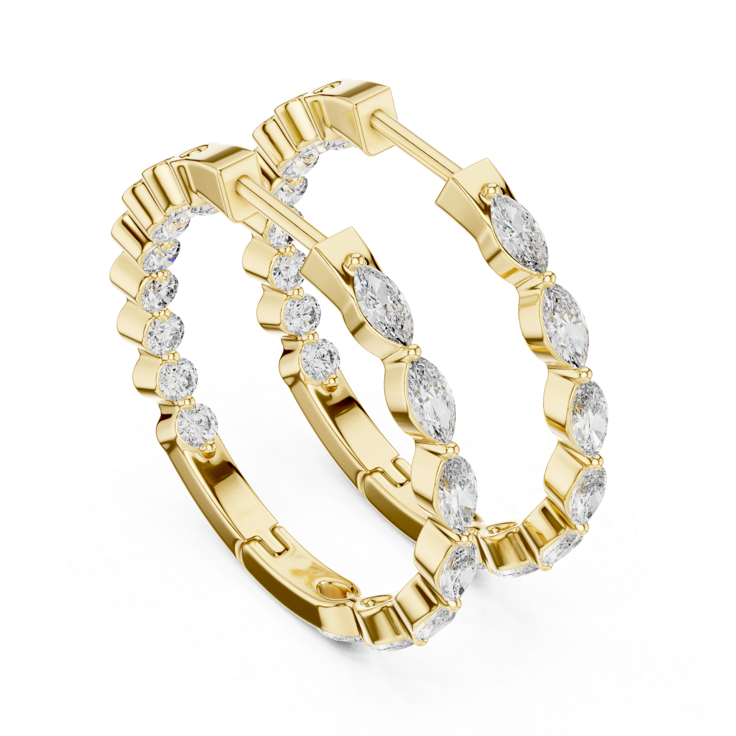 Rose gold marquise diamond hoop earrings with a secure latch back closure.