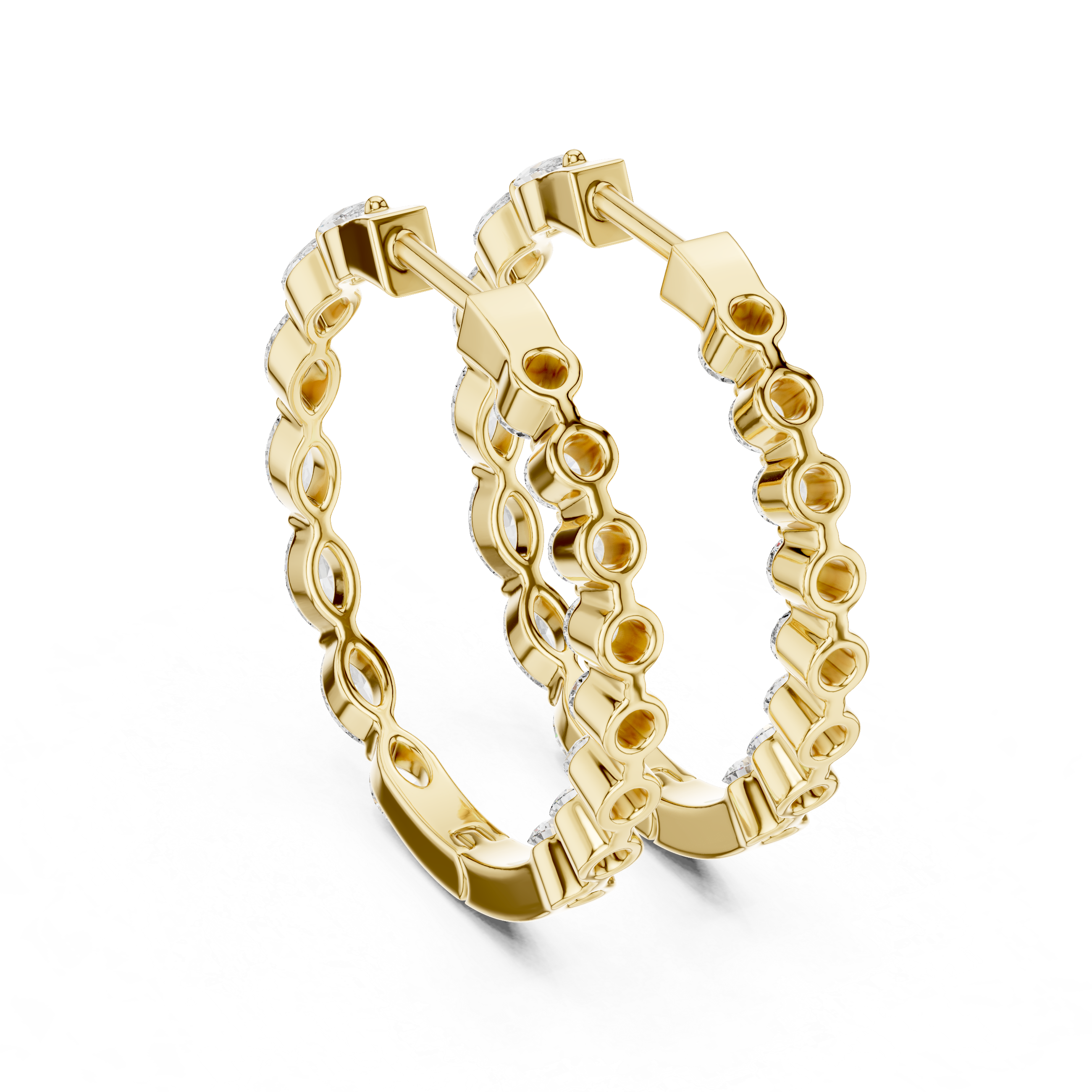 Rose gold marquise diamond hoop earrings with a secure latch back closure.