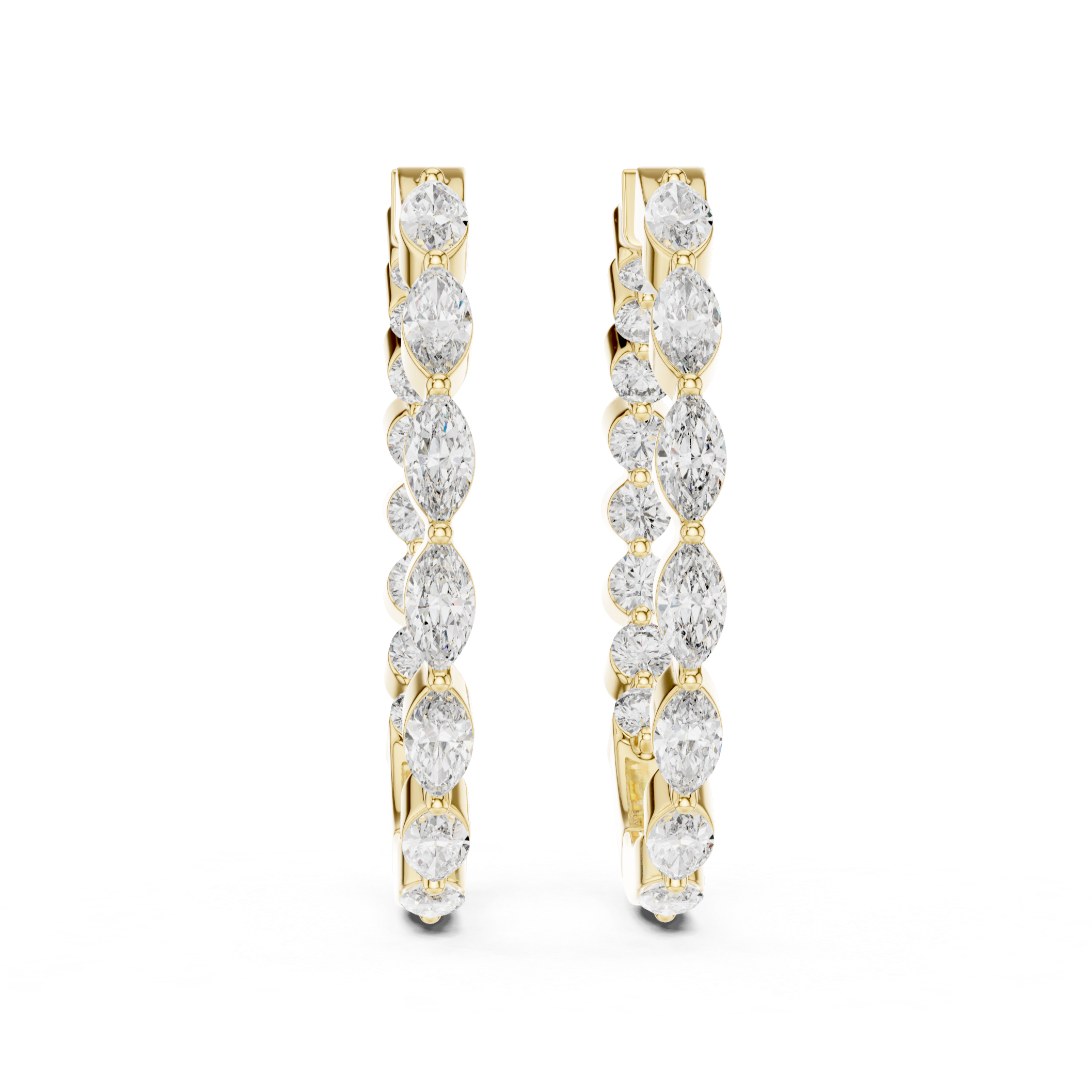 Rose gold marquise diamond hoop earrings with a secure latch back closure.
