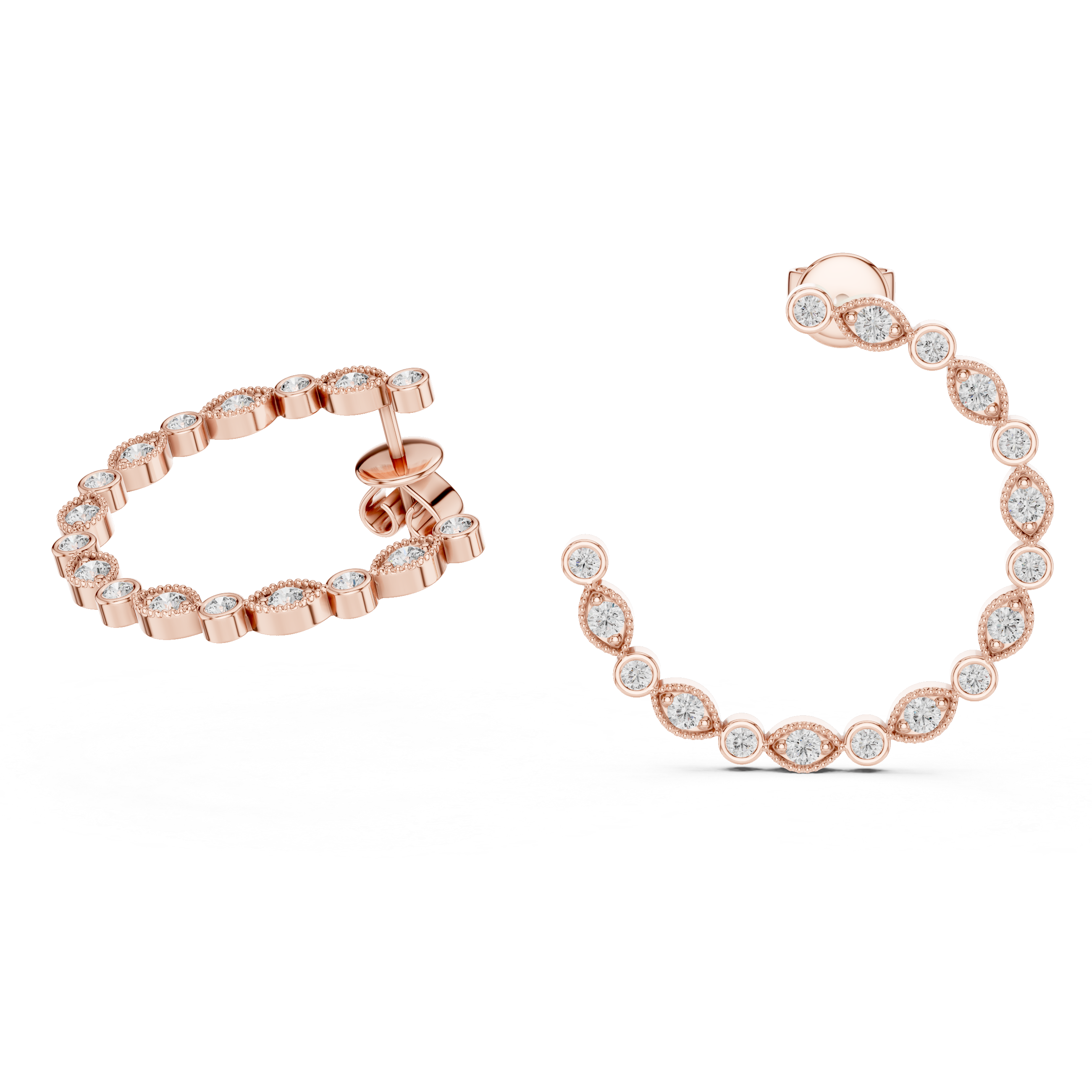 Rose Gold Diamond Hoop Earrings with Alternating Round and Marquise Settings